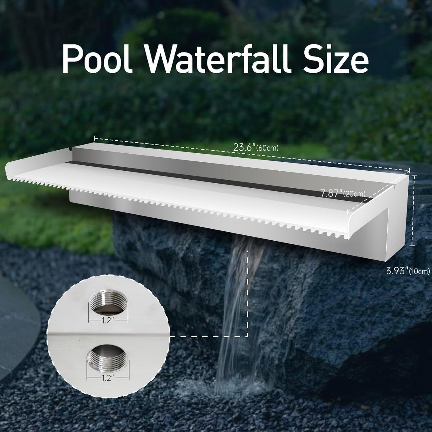 Pool Fountain Stainless Steel Pond Waterfall Spillway Kits for Indoor/Outdoor Decorative, 24 Inches Pool Water Feature for Garden Patio, Backyard Koi Pond Decor(No LED Light)
