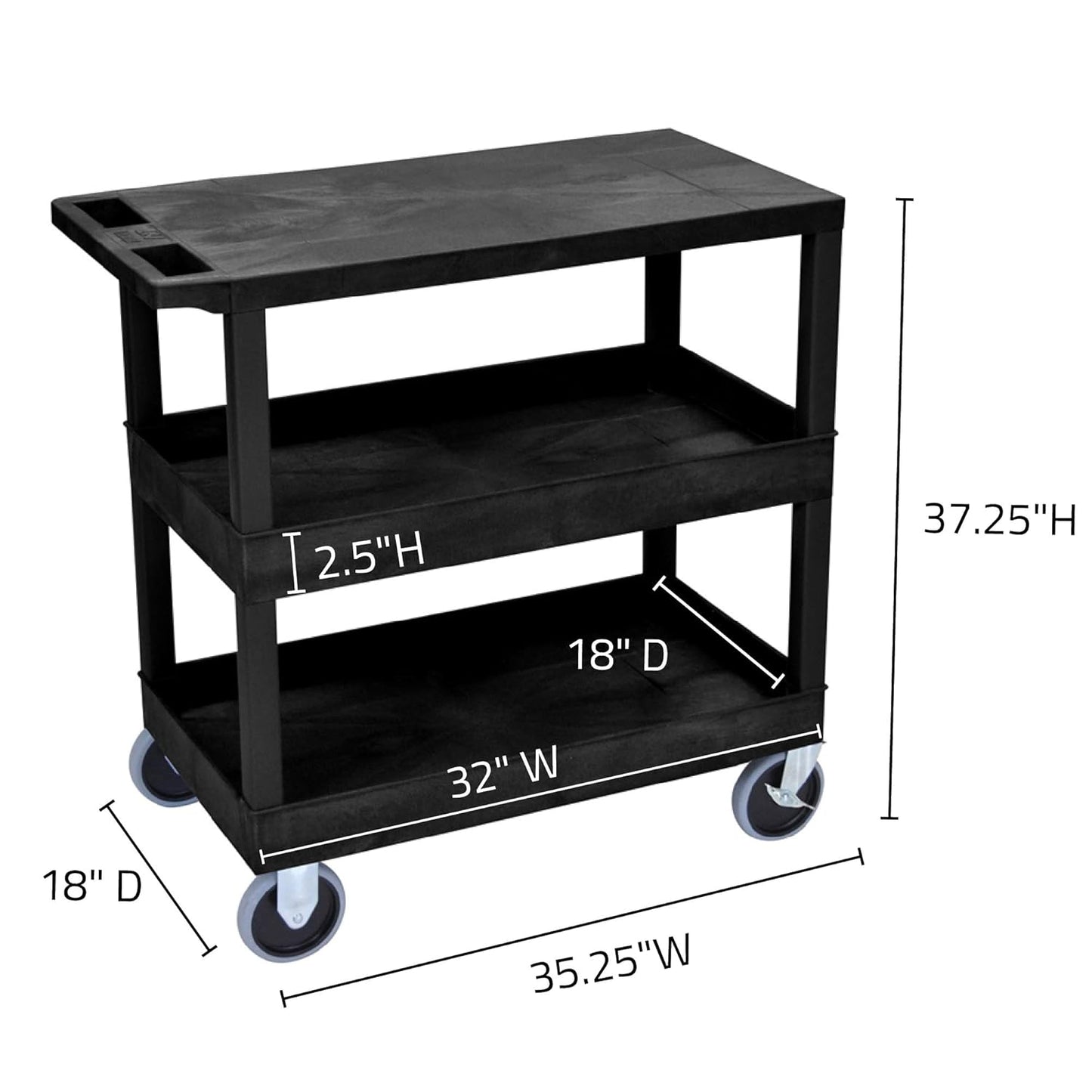 LUXOR EC211HD-B 32" x 18" Cart - Two Tub/One Flat Shelves