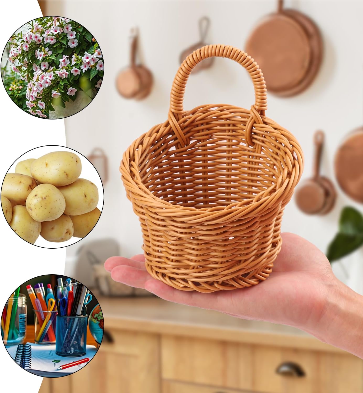 8 Pack 5.5 x 4.3 inch Woven Hanging Fruit Basket, Wall Hanging Wicker Baskets, Wall fruit Wicker Basket for Kitchen, Planter, Vegetable & Fruit, Boho Home Decor