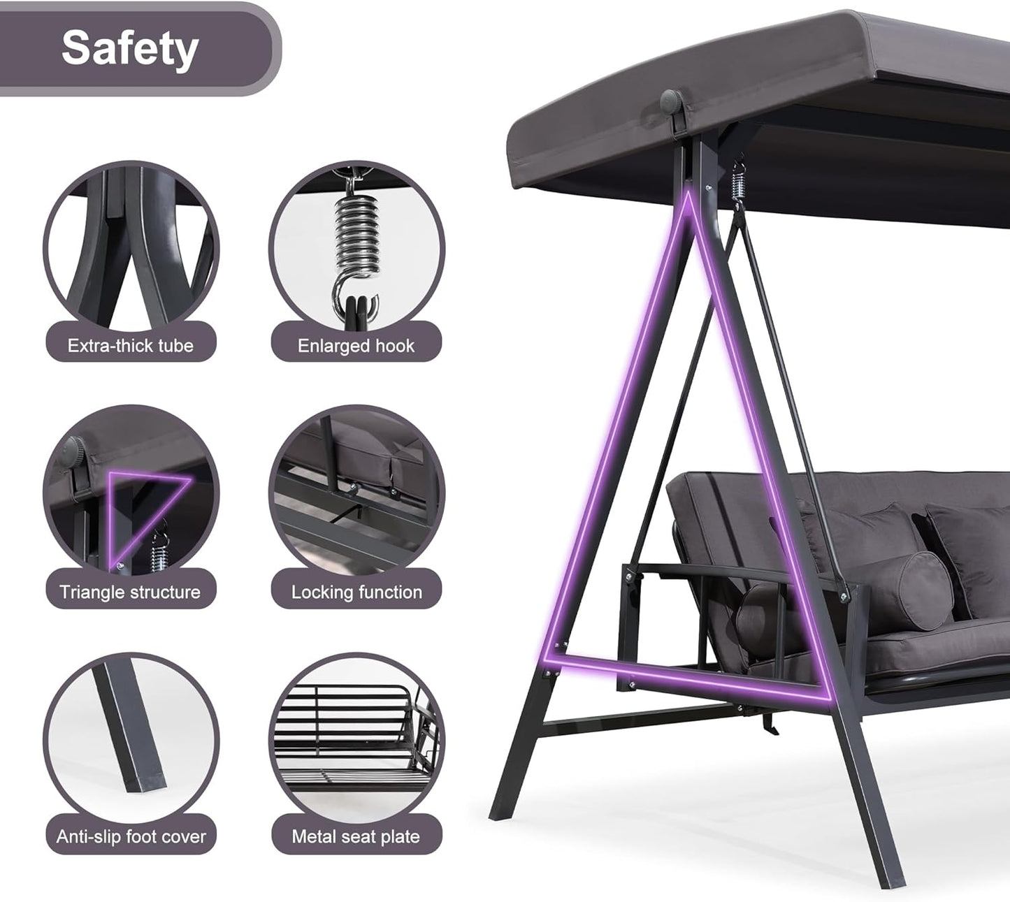 PURPLE LEAF Outdoor Patio Porch Swing Adjustable Backrest, 3-seat Swing Chair with Weather Resistant Steel Frame for Backyard Front Porch Lawn, Cushion and Pillows Included, Grey