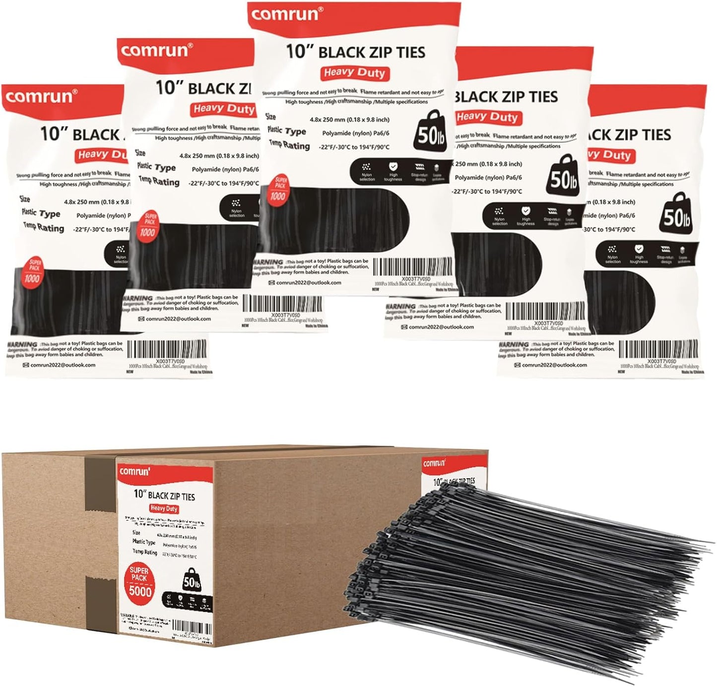 5000pcs 10Inch Black Cable Tie,Nylon Zip Ties,Industrial Grade,50 Pounds Tensile Strength,UV Resistant,Heavy Duty,for Home,Garden Trellis,Office,Garage and Workshop