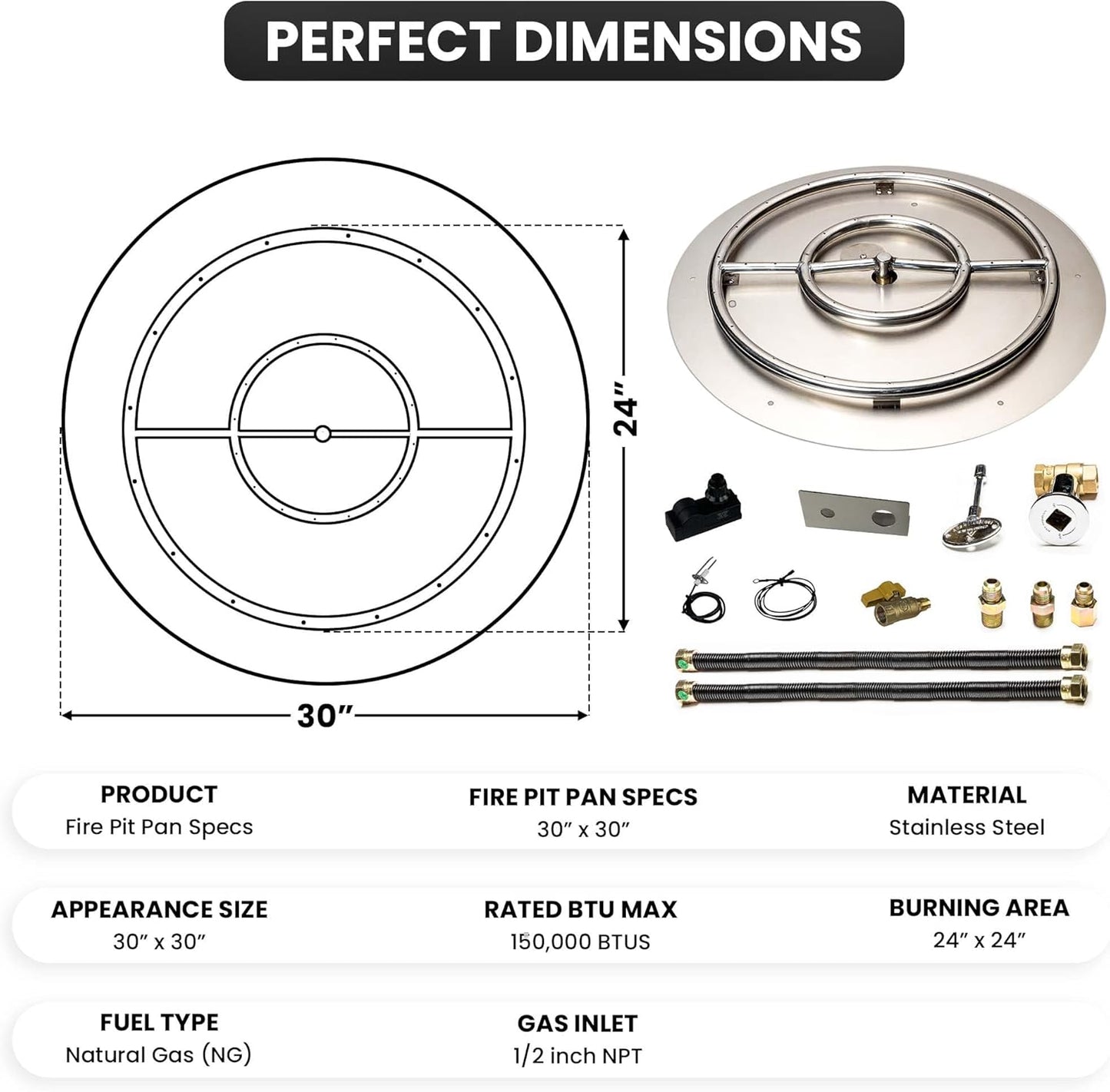 Stainless Steel Fire Pit Burner Pan & Ring Deluxe Kit for Natural Gas, 30-Inch Pan, 24-Inch Ring, 150,000 BTU Max