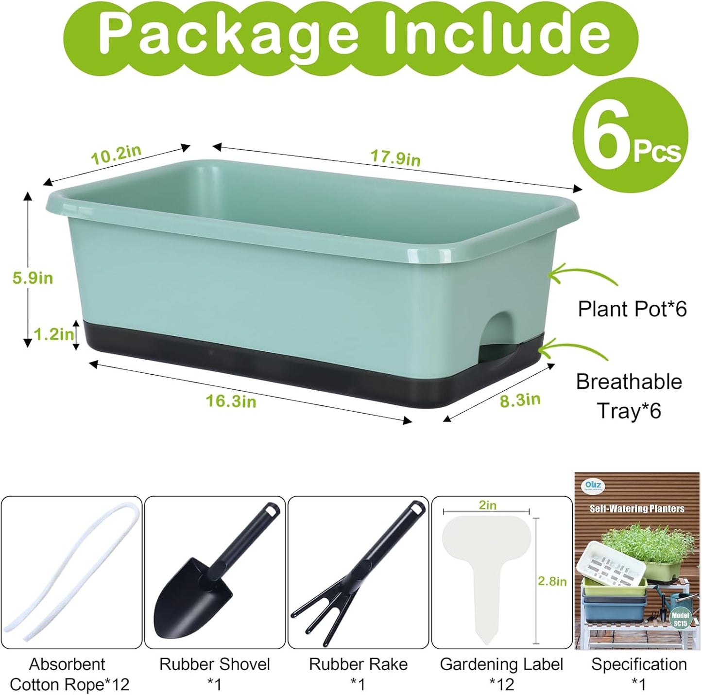 Window Box Planter 6 Pcs, 18 Inches Rectangle Flower Pots with Drainage Holes and Trays, Vegetable Planters for Windowsill Patio Garden Balcony Home Porch Yard Indoor Outdoor (Green, 18*10*6 inch)