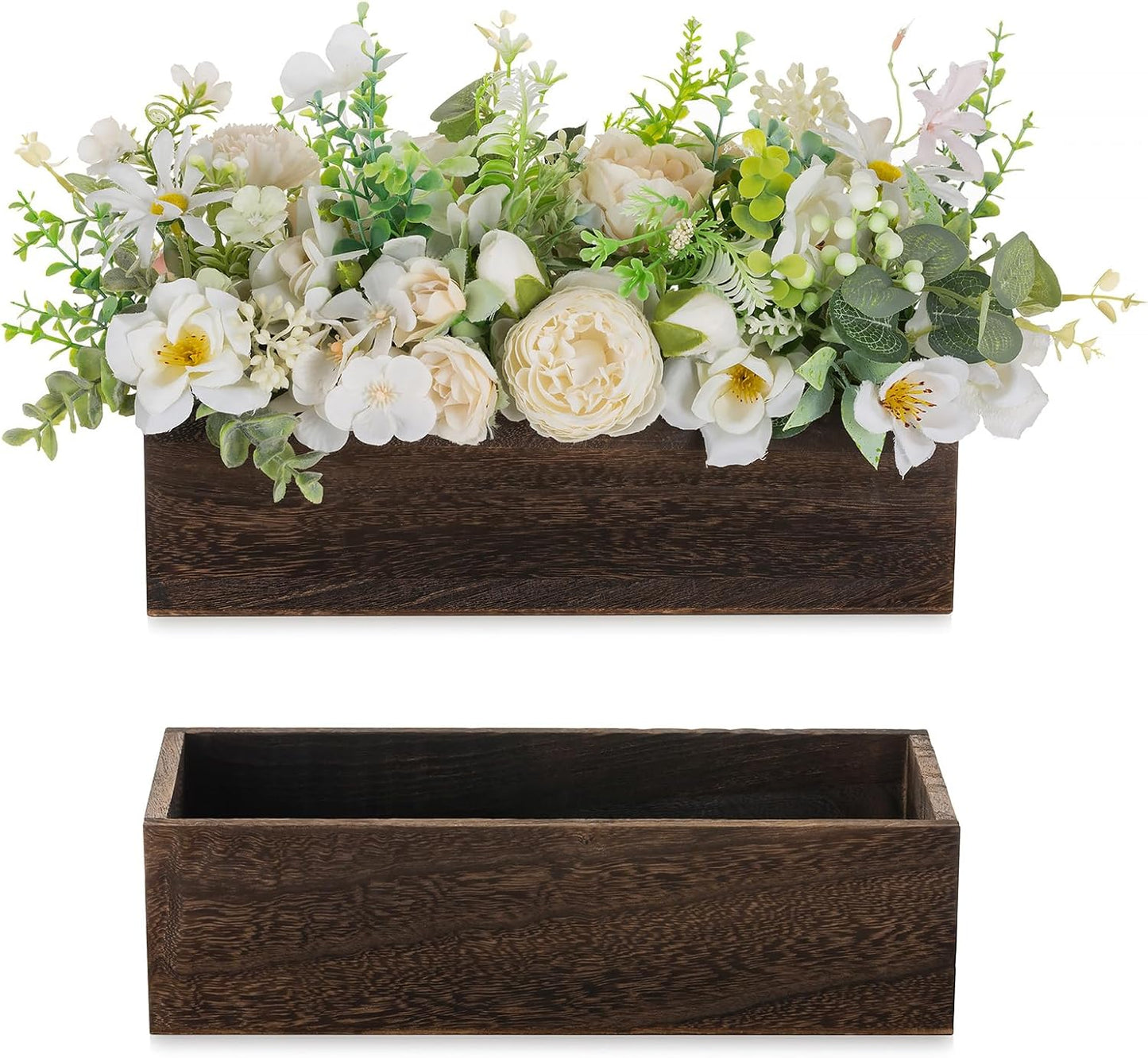 NUPTIO Wooden Box Centerpiece for Table: 2 Pcs 11.8" Long Wood Rectangle Planters - Farmhouse Flower Vase for Fall Wedding Dining Living Room Window Mantel Table Decor