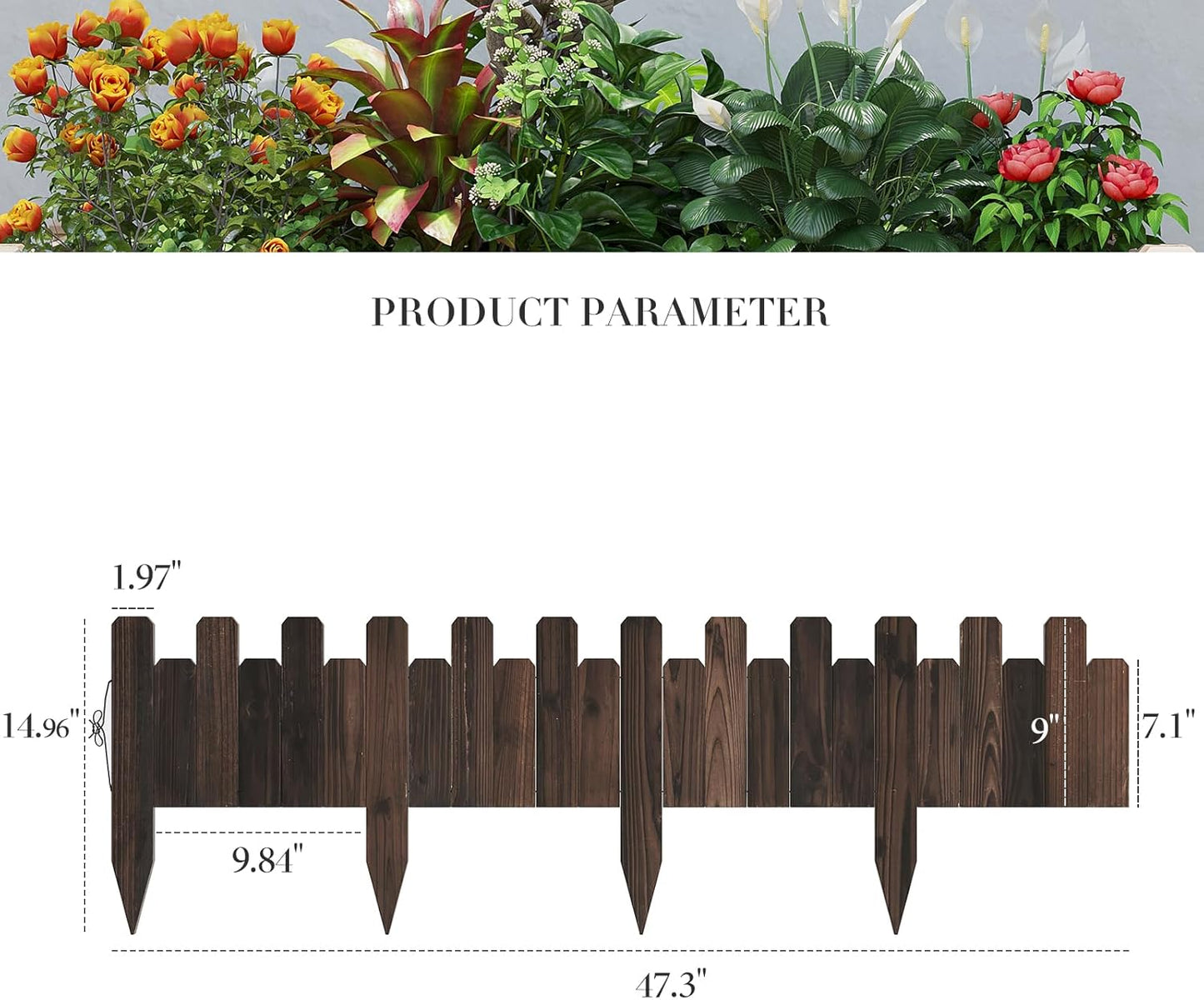 Wood Garden Edging Border Wooden Garden Fence No Dig Landscape Edging Lawn Fence Border Decorative Flower Bed Border Courtyards Planting Tree Fence Yard Patio Path Edging - 9" H x 47.3" L (1PACK)