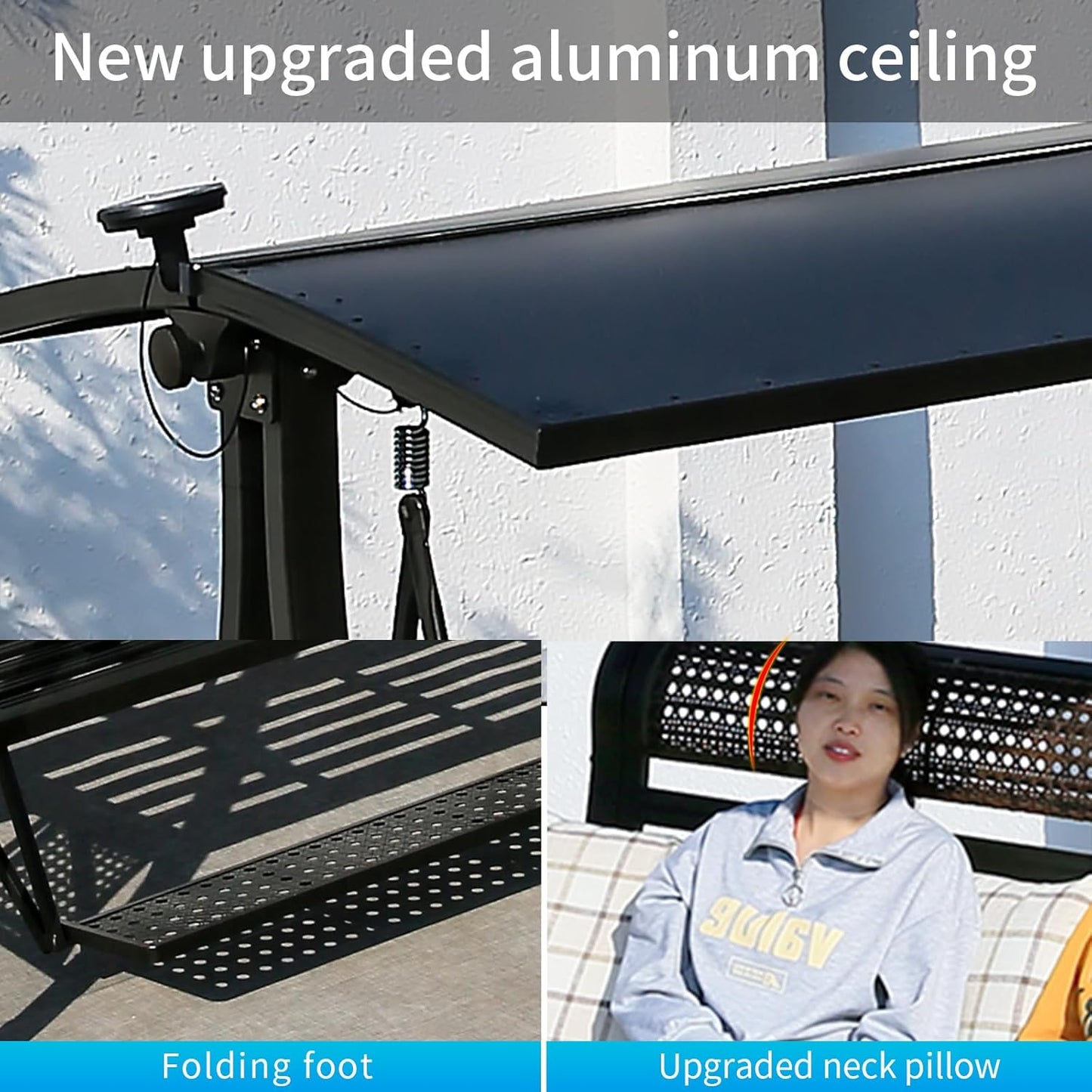 2/3-Seat Outdoor Patio Porch Swing with Adjustable Aluminum Alloy Canopy Solar Patio Swing Chair Bench with Footrest Side Cup Holder for Backyard Lawn (L-Aluminum Mesh Red Copper-3 Seat)