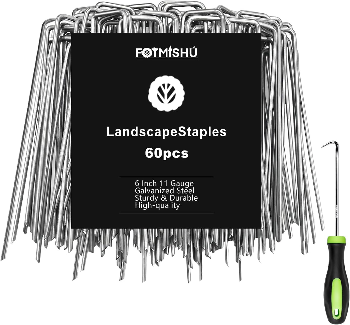 FOTMISHU Landscape Staples 6 Inch 60Pcs Garden Stakes, Galvanized Lawn Pins Spray Coating Yard Ground Spikes, U-Type Staples for Weed Barrier Anchoring Outdoor Tents Hoses
