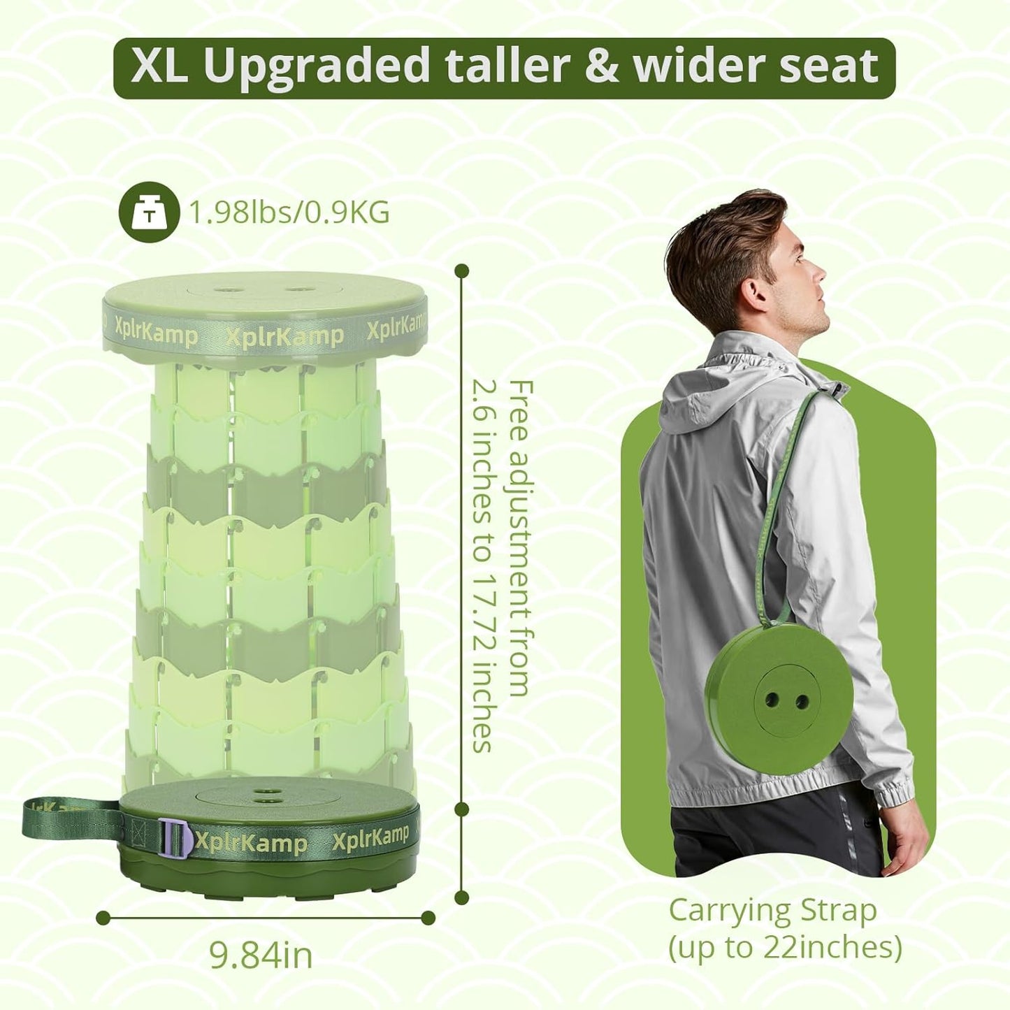 Retractable Folding Stool - Heavy Duty 400 lb Collapsible Portable Stool for Camping, Hiking, Fishing, Indoor/Outdoor with Non-Slip Base and Lightweight Design (Light Green, 2-Pack)