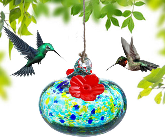 3.3OZ Glass Hummingbird Feeder with 2 Feeding Ports Blown Glass Hummingbird Feeder for Outdoors Hanging Garden Patio Decoration Uniques Gifts for Women