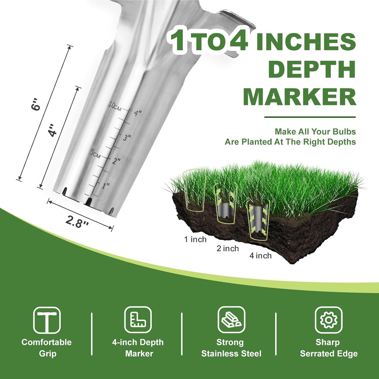 Long Handled Bulb Planter Tool, 37'' Bend-Proof Stainless Steel Bulb Planter, 4'' Depth Marks Long Handled Hole Digger, Bulb Planter with Comfortable T-Shaped Long Wood Handle for Planting Tulips