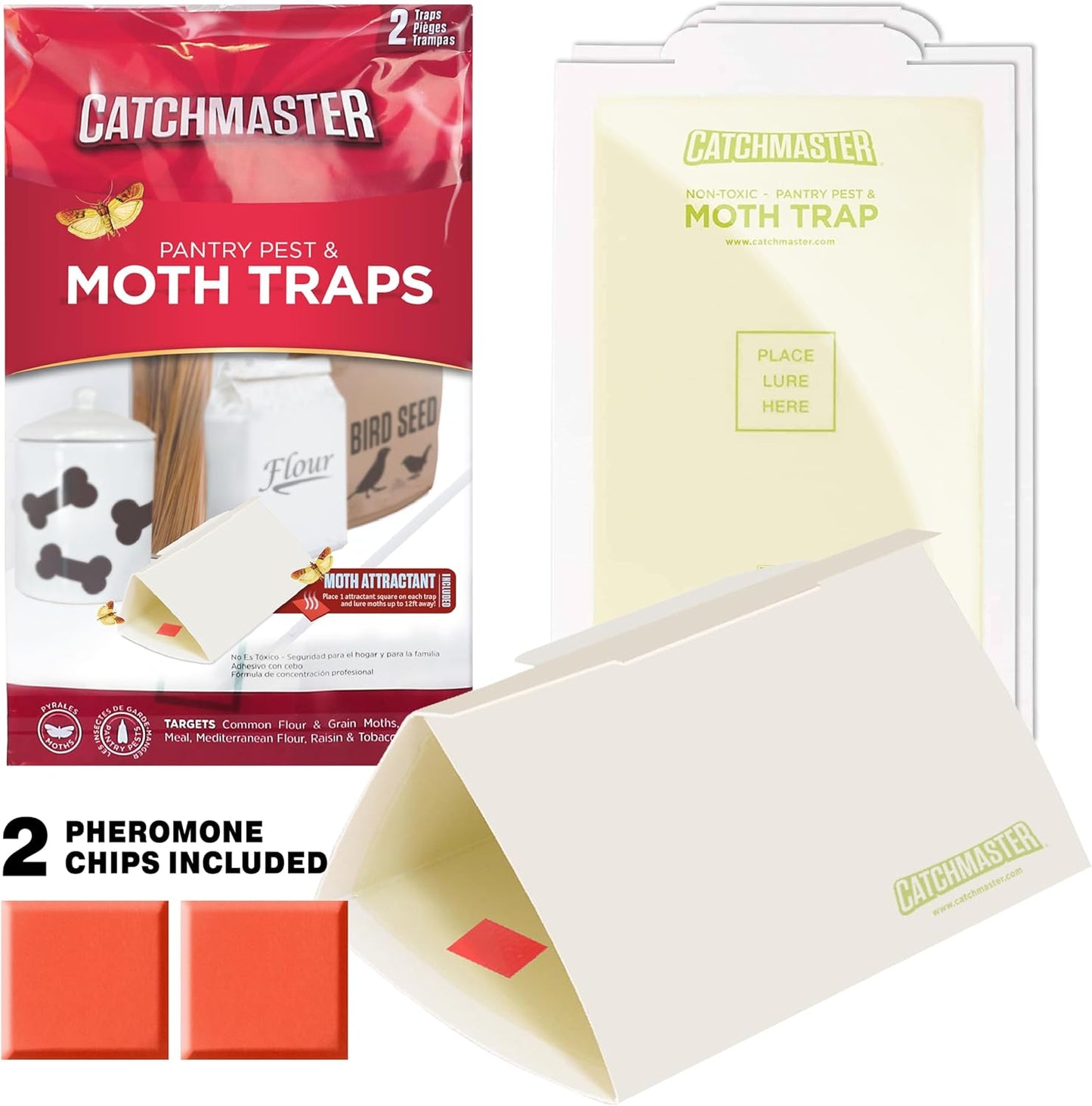 Catchmaster Pantry Pest & Moth Traps 2-Pk, Bug Killer for Kitchen Storage & Pantry Cabinet, Sticky Moth Traps for House, Protect Pet Food, Kitchen Cabinets Storage, Pet Safe Glue Trap