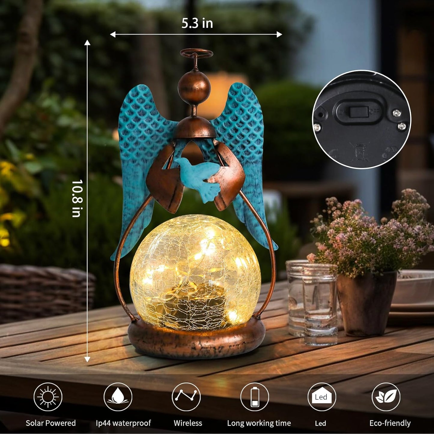 MUMTOP Angel Solar Lights Outdoor Garden - Solar Lanterns Light Decorative Waterproof with Glass Cracked Globe Tabletop Lantern Lamp Ornaments for Yard Patio Decor Gift (Hold Dove)