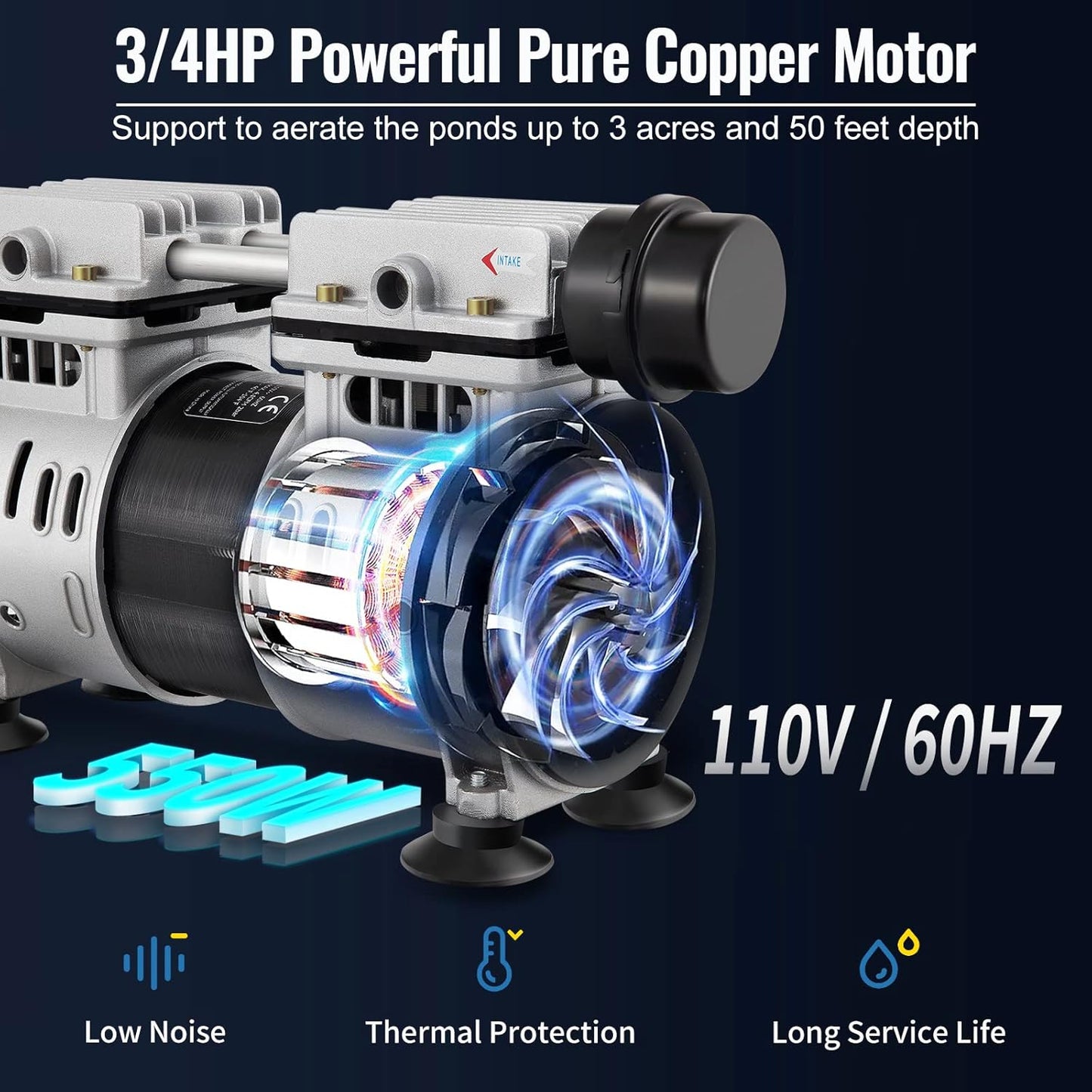 Pond Aeration System, Pond Aerator 3/4HP Oil-Free Rocking Piston Air Compressor 2 Diffusers Two 100ft Weighted Hoses for 3 Acres Deep Water Outdoor Large Lake & Pond Pumps 5.6 CFM Air