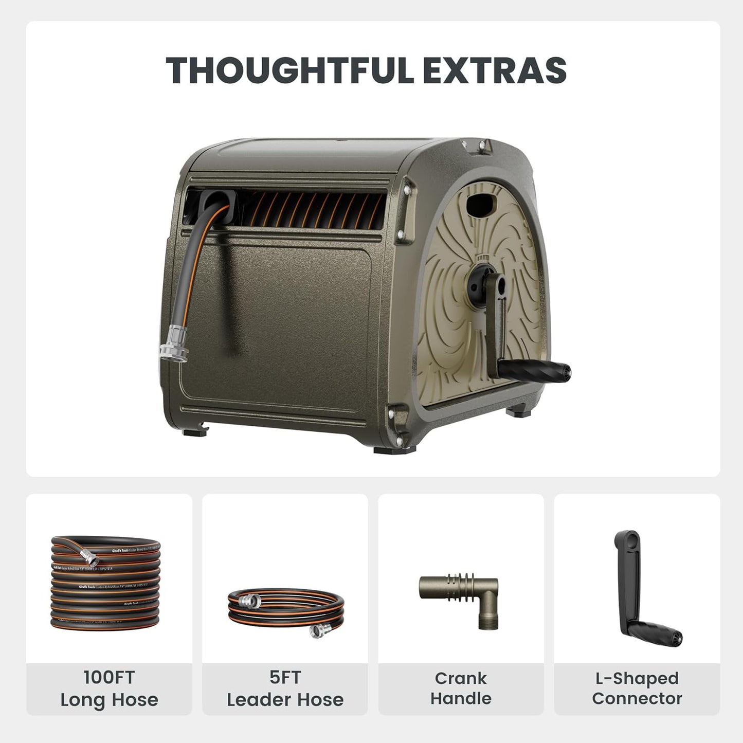 Giraffe Tools SW5-100ft Metal Hose Reel Box, 100 ft Rubber Hose Garden Hose Storage Heavy Duty Reel Hideaway, Crank Handle, 100ft 5/8" Hose, Green