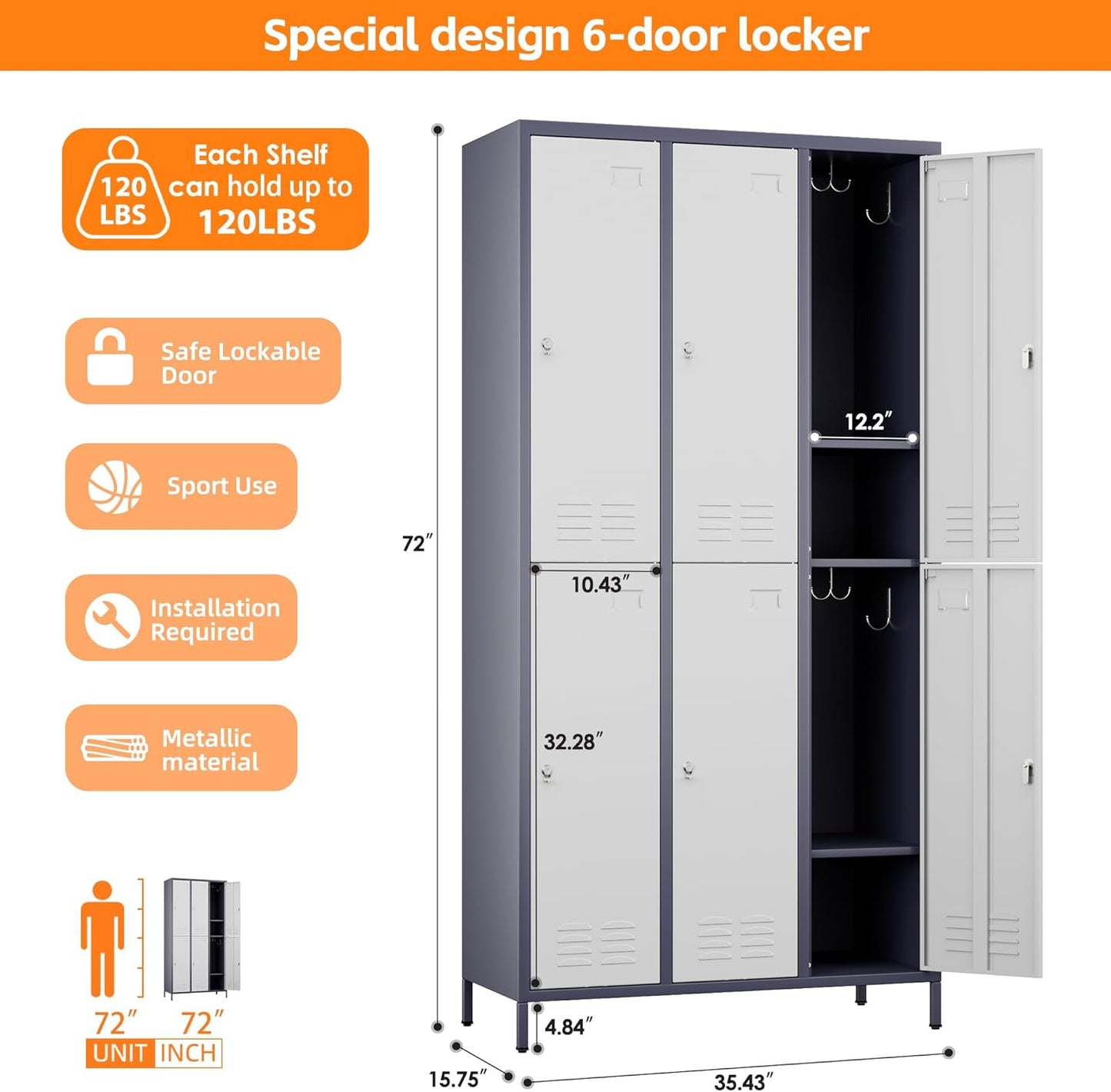 6 Doors Metal Lockers for Employees with 6 Shelves and 18 Hooks, Storage Locker with Business Card Holder for Office Gym School Bedroom, Assembly Required, White and Gray