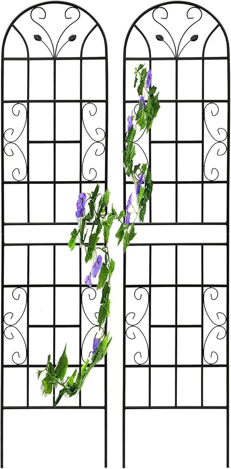 2 Pack Metal Garden Trellis for Climbing Plants, 86.7" Tall Rustproof Outdoor Trellis Panel with Vine Lines Design, Decorative Black Iron Plant Support for Vine, Rose, Flower, Garden Wall