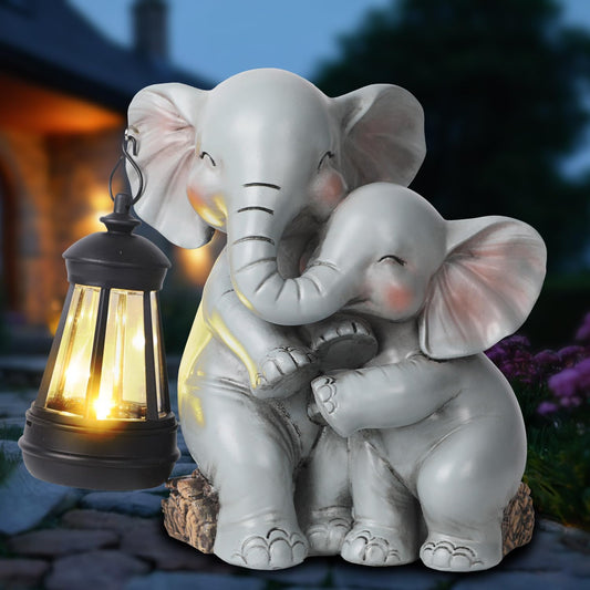 Solar Garden Decor - Mother Baby Elephant Statue with Solar Lantern 7" Resin Elephant Figurines Outdoor Yard Porch Lawn Patio Decor Housewarming Birthday Gift for Mom Grandma Women