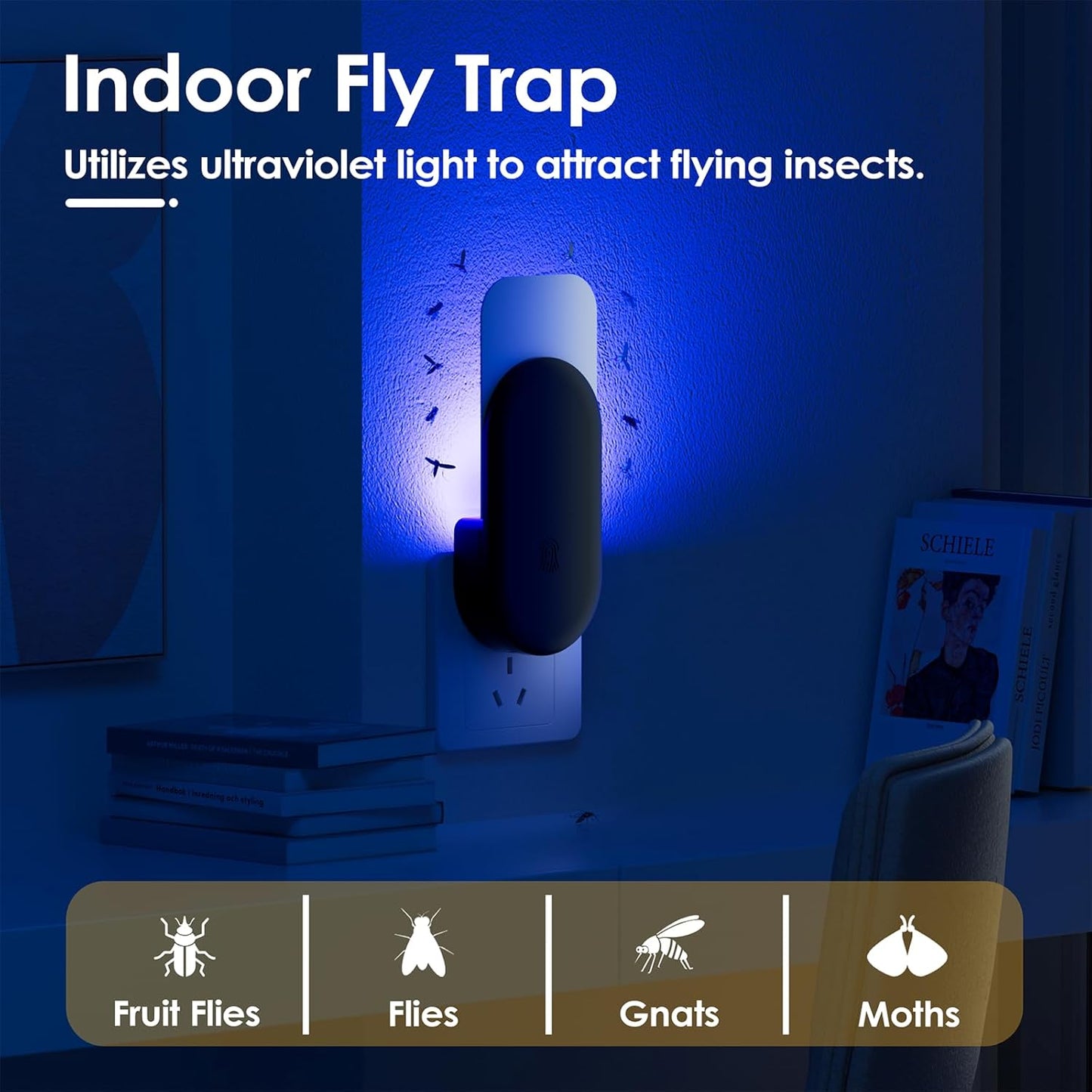 Flying Insect Trap, 2 in 1 Indoor Plug-in Fruit Fly Trap, 4 Trap Black and 24 Glue Cards, Fruit Fly Traps for Gnat, Moth, Mosquito, Suitable for Every Part of The Home