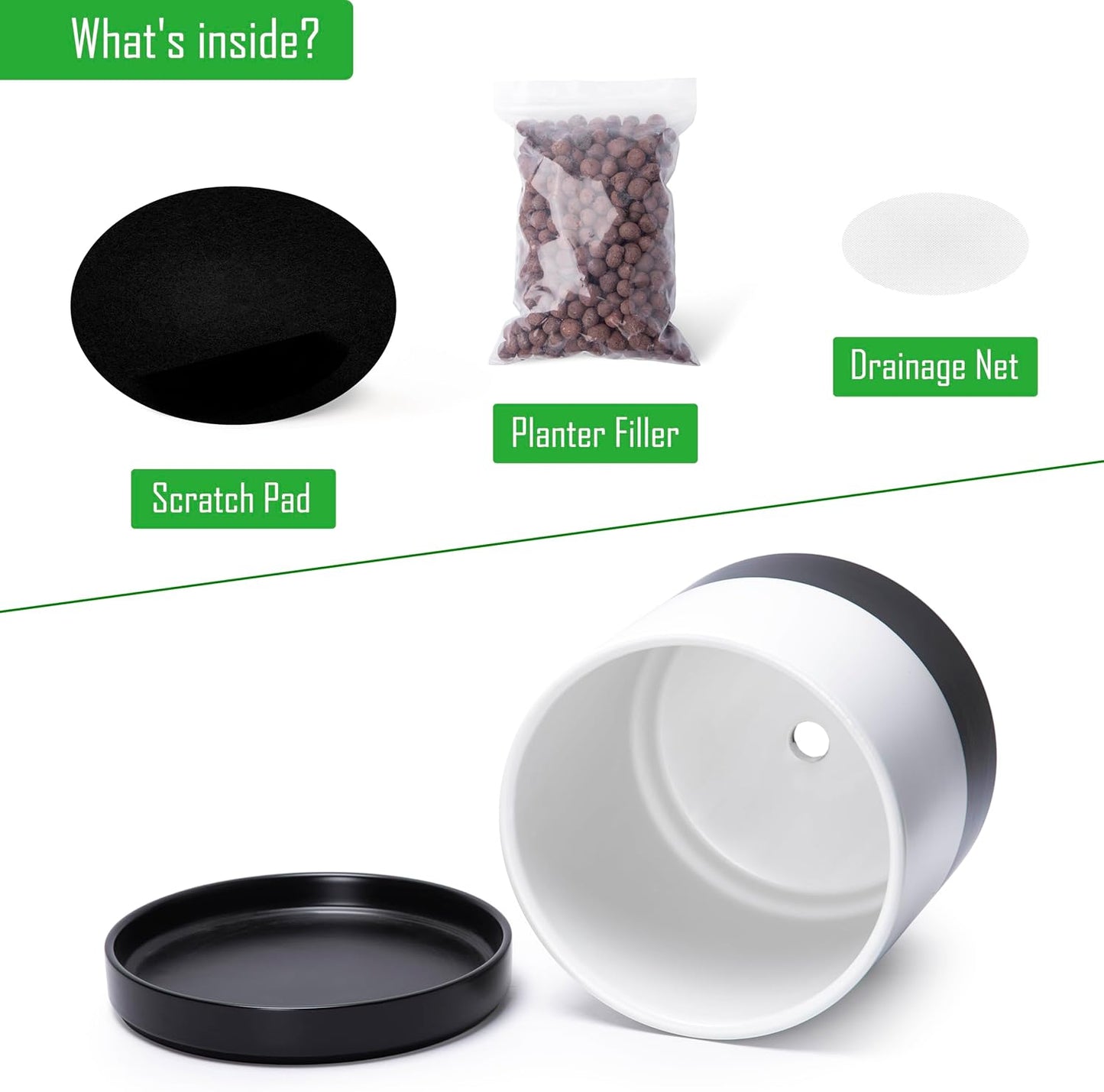 D'vine Dev 8.2 Inch Ceramic Planter Pot with Drainage Hole and Saucer, Indoor Cylinder Round Planter Pot, Layered Monochrome Black & White, 94-O-D-L