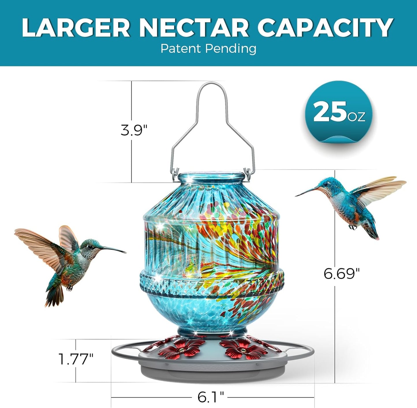 Hand Blown Glass Hummingbird Feeders for Outdoors, 25 Ounces Wild Bird Nectar Feeder with Perch & 5 Flower Feeding Ports Leak Proof Hanging for Garden Backyard Decor, Gifts for Women Mom, Blue