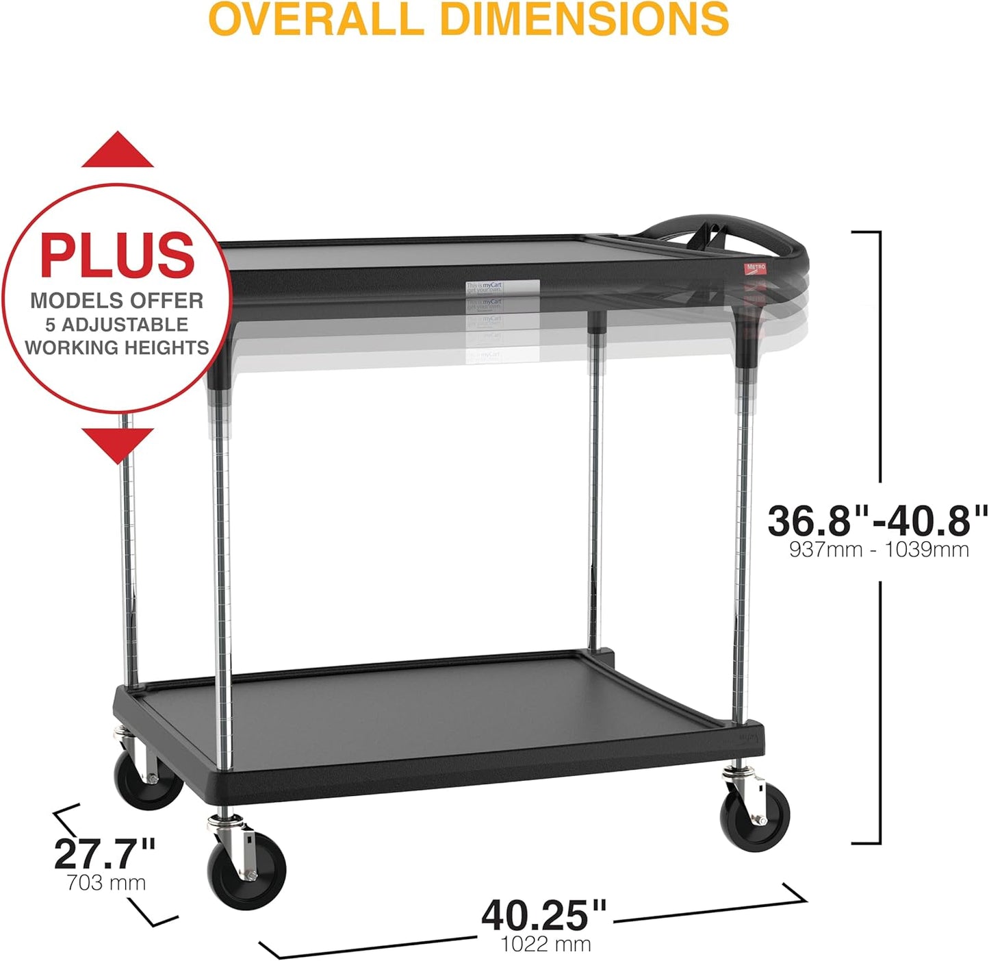 Metro myCart Plus Utility Cart - Choose-Your-Height Adjustable Heavy Duty Rolling Cart for Home, Commercial and Industrial Use - 2-Shelf, 400 lbs Capacity - 27.7" W x 40.25" L x 36.8-40.8" H - Black