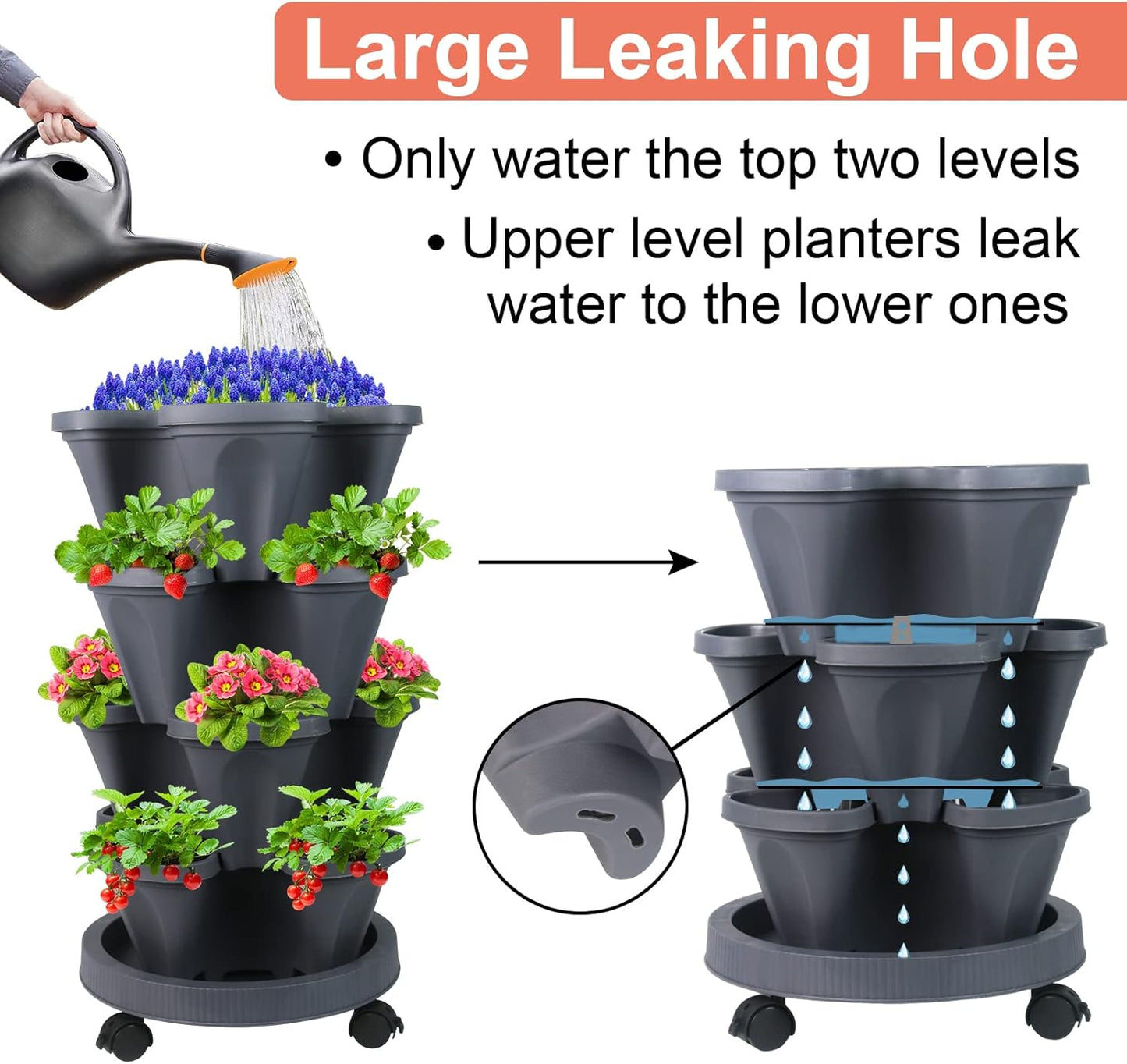 DUNCHATY Stackable Planter, Vertical Garden Planter with Wheels and Tools, Self Watering Strawberry Planter Indoor/Outdoor 4 Tier Herb Planter Pots for Growing Vegetables and Succulents, Dark Gray