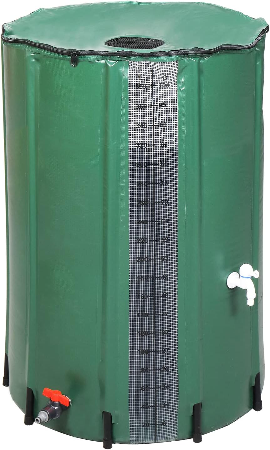 Collapsible Rain Barrel, 100 Gallon Portable Rainwater Collection System, Rain Catcher Barrel with Volume Scale Mark, Two Spigots and Overflow Kit, Rain Water Barrel Collector for Garden, Green