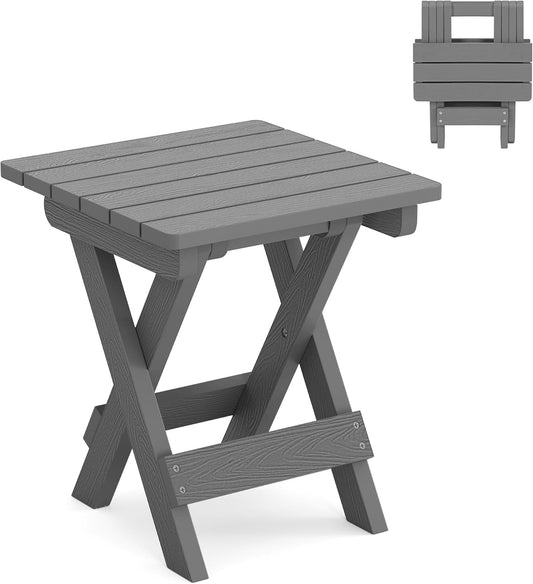 LUE BONA Small Outdoor Folding Side Table, HDPS Outside End Table for Patio, Porch, Deck, Pool, 14 Inch Height, Netural Grey