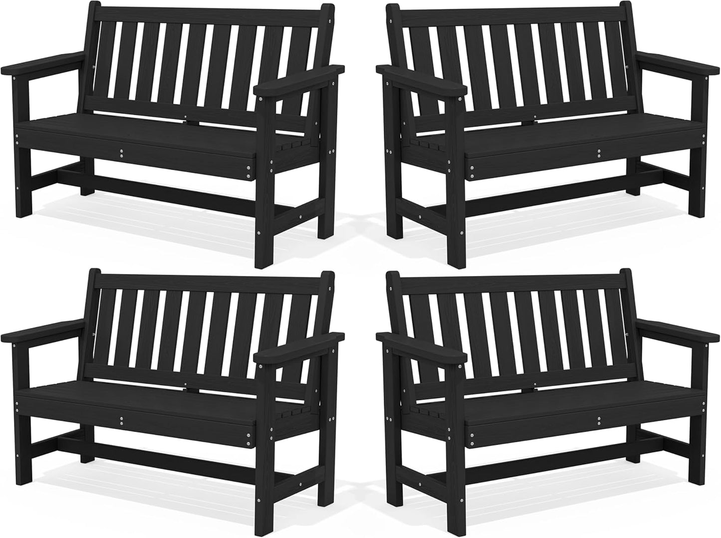 SERWALL Outdoor Bench, HDPE Outdoor Benches Weatherproof, 2-Person Garden Bench with 660 lbs Weight Capacity, Patio Benches for Outdoors, Garden, Porch, Backyard and Park, Black, 4 Pack