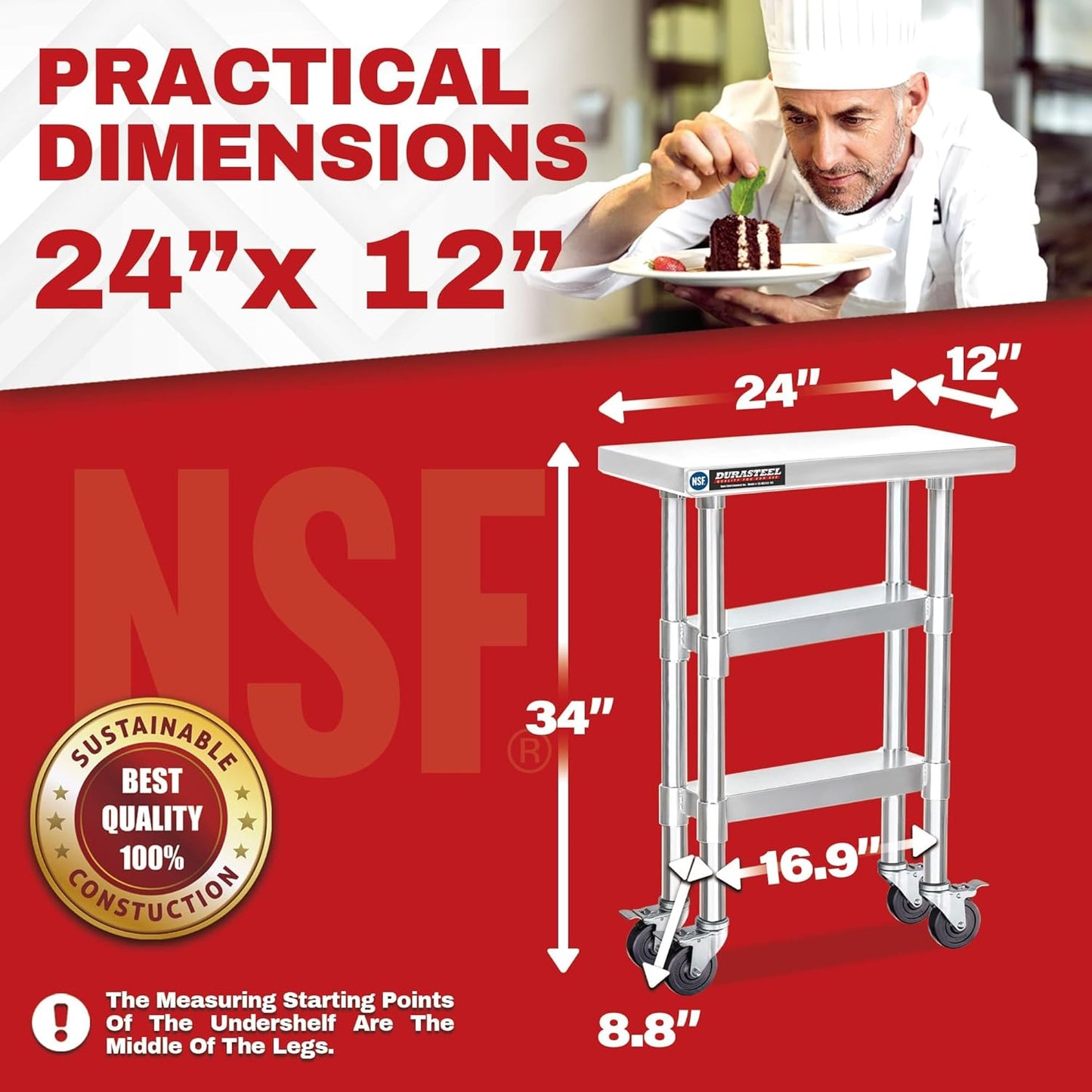 DuraSteel Stainless Steel Work Table 24" x 12" x 34" Height w/ 4 Caster Wheels - Food Prep Commercial Grade Worktable - NSF Certified - Good for Restaurant, Business, Warehouse, Home, Kitchen, Garage