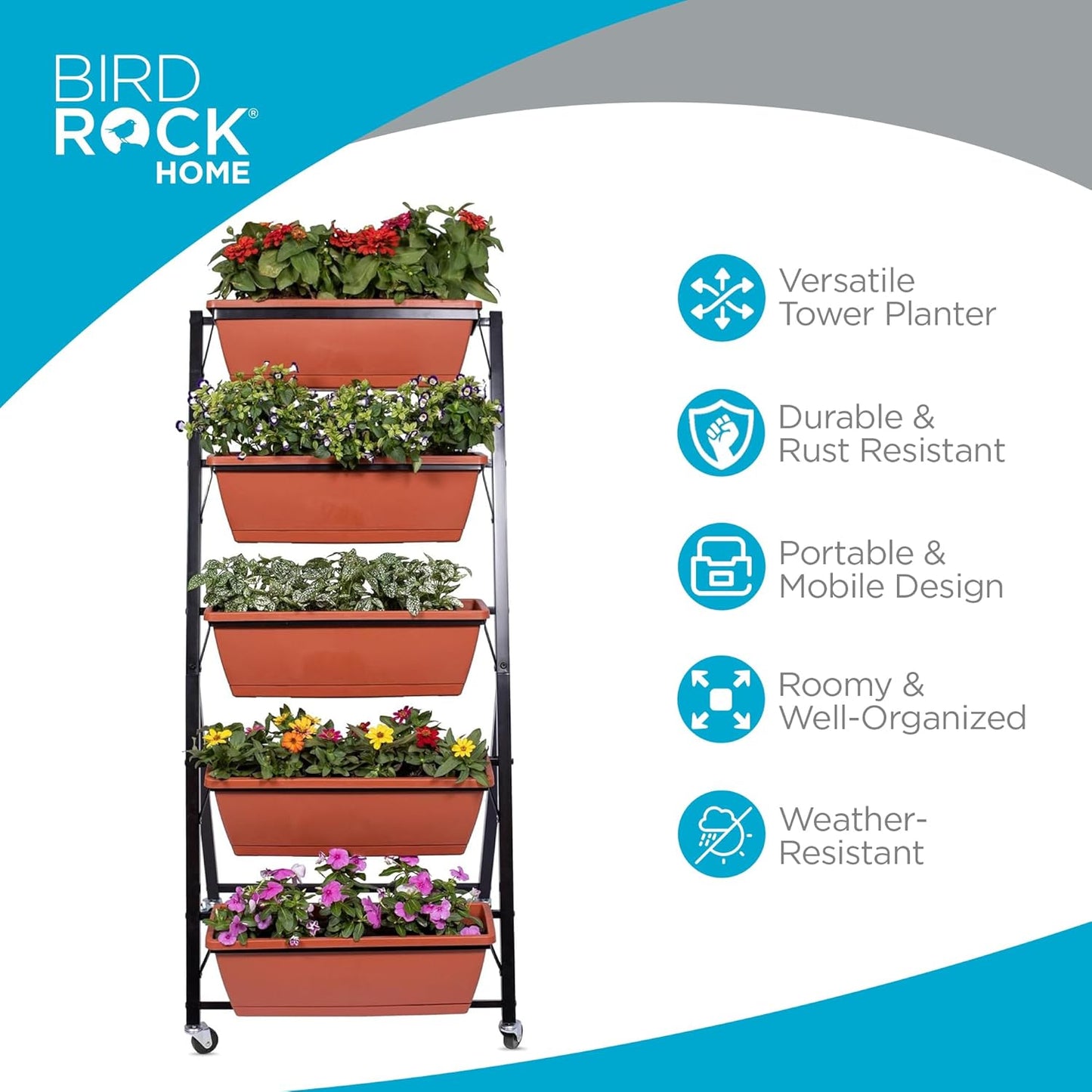 BIRDROCK HOME 5-Tier Vertical Garden Planter Bed - Raised Flower Stand - Rolling Plant Tower - Weather Resistant Box - Indoor or Outdoor - Herbs Flowers Berry’s Vegetables - Metal