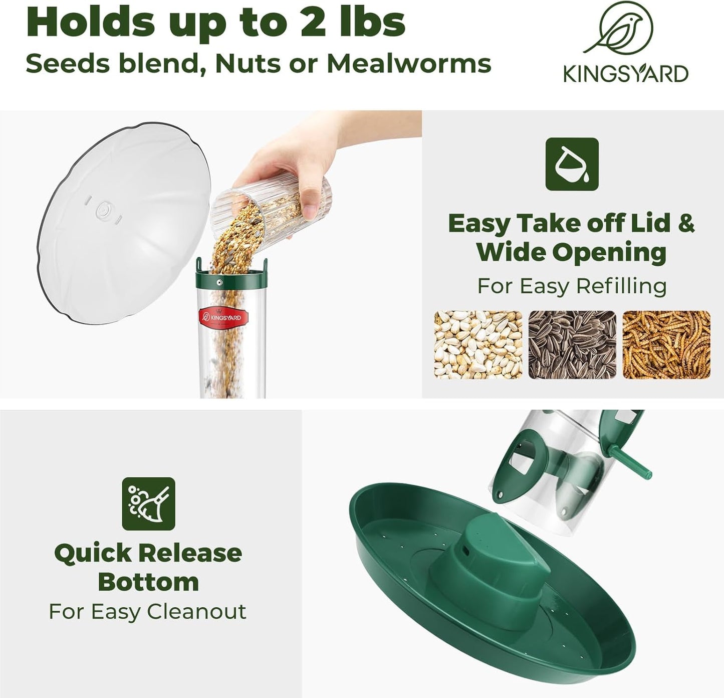 Kingsyard Metal Bird Feeders for Outdoors Hanging, Wild Bird Feeder for Finch Cardinal, Large Tray and Rainproof Dome, 2 lbs Seeds Capacity (Drak Green)