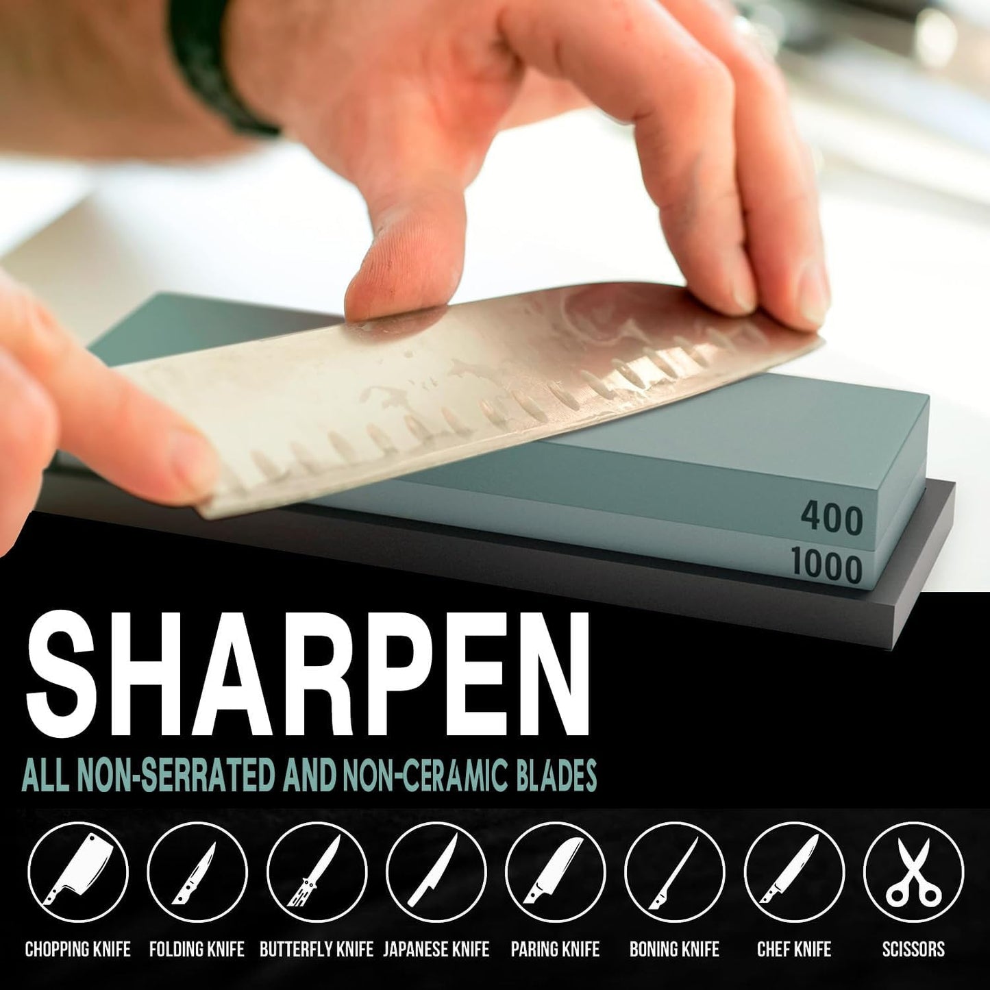 Knife Sharpening Stone Kit- Professional Knife Sharpener Wet Stone Dual Sided 400/1000 Grit with Non-slip Rubber Base Whetstone for Kitchen