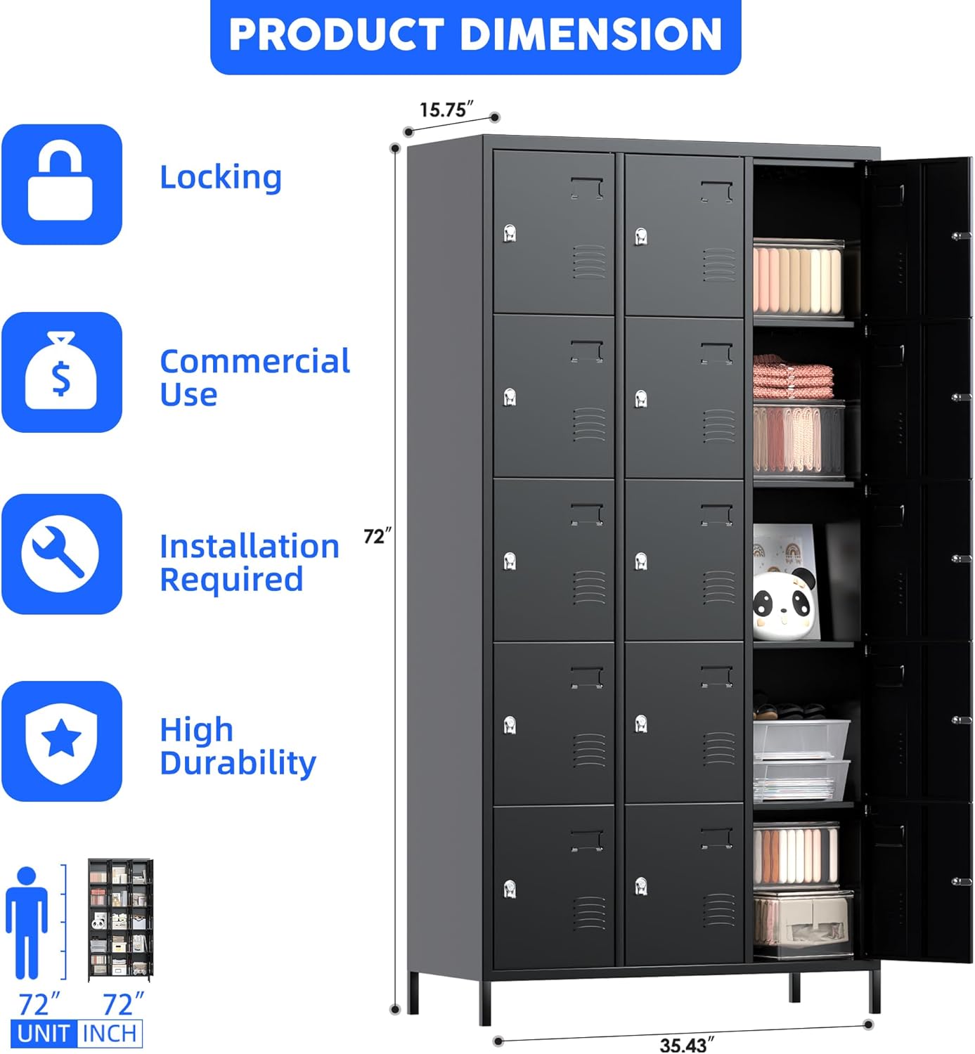 METAN Metal Locker for School Office Gym Bedroom, 15 Doors Black Steel Storage Locker Cabinet for Employees, Industrial Storage Locker, Assembly Required (15 Door-Black)