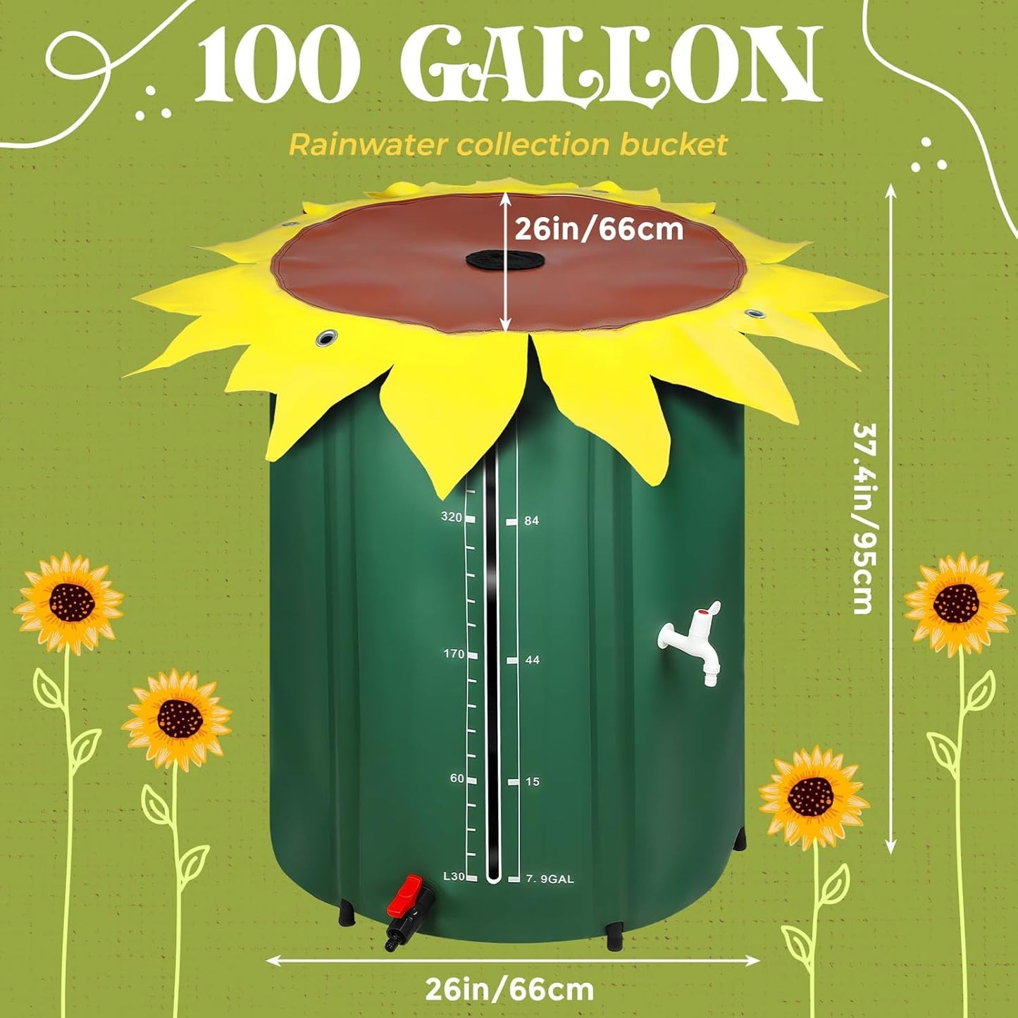100 Gallon Rain Barrel Water Collection System, Collapsible Portable Water Storage Tank, Rainwater Collect System Downspout, Water Catcher Container with Filter Two Spigots(Without Water Pipe)