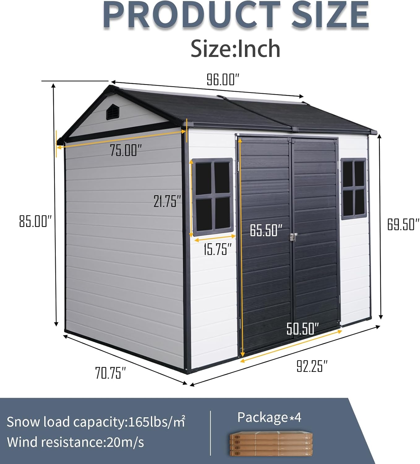 8x6 ft Outdoor Resin Storage Shed with Floor, Waterproof Plastic Garden Shed with Lockable Door and Two Windows, All-Weather Tool Sheds for Backyard, Patio, Lawn (Grey & White)
