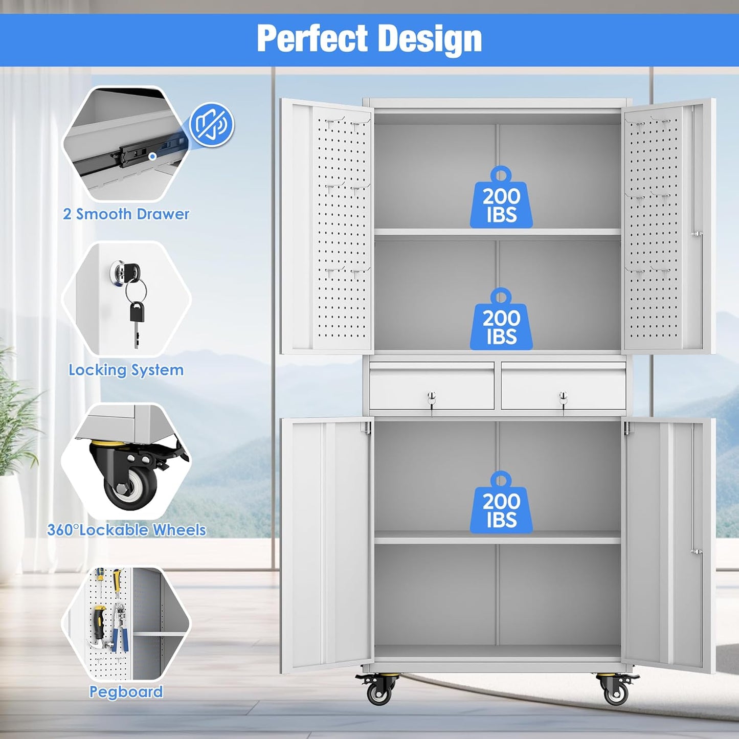 Garage Storage Cabinet with Wheels, Metal Storage Cabinet with 2 Drawers and 2 Adjustable Shelves, Metal Lockers with Pegboards for Homes, Offices, Kitchens, and Pantries, Gray and White