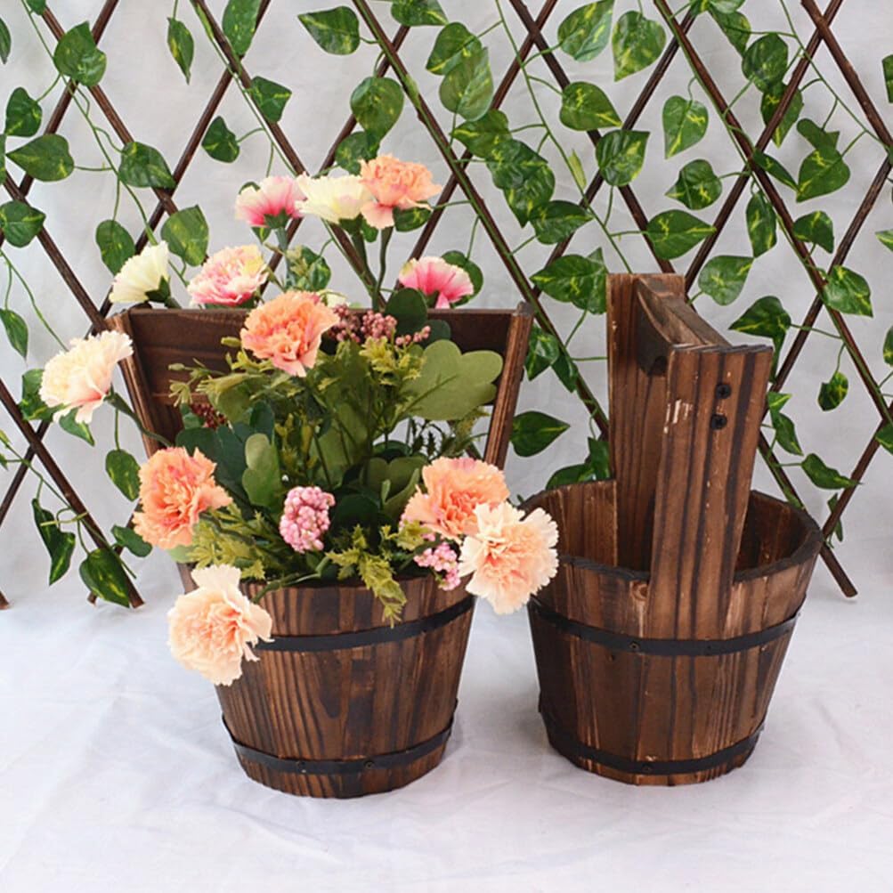 HANABASS Wooden Bucket Barrel Rustic Patio Pots Water Wishing Well Pail Vintage Style Primitive Planter Container for Garden Home Patio Backyard, 10.6x9.0 inch