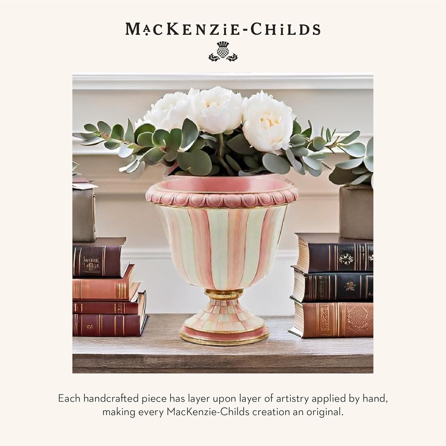 MACKENZIE-CHILDS Pedestal Tabletop Urn, Decorative Centerpiece for Table, Mantel, or Shelf, Small, Pink-and-White Rosy Stripe