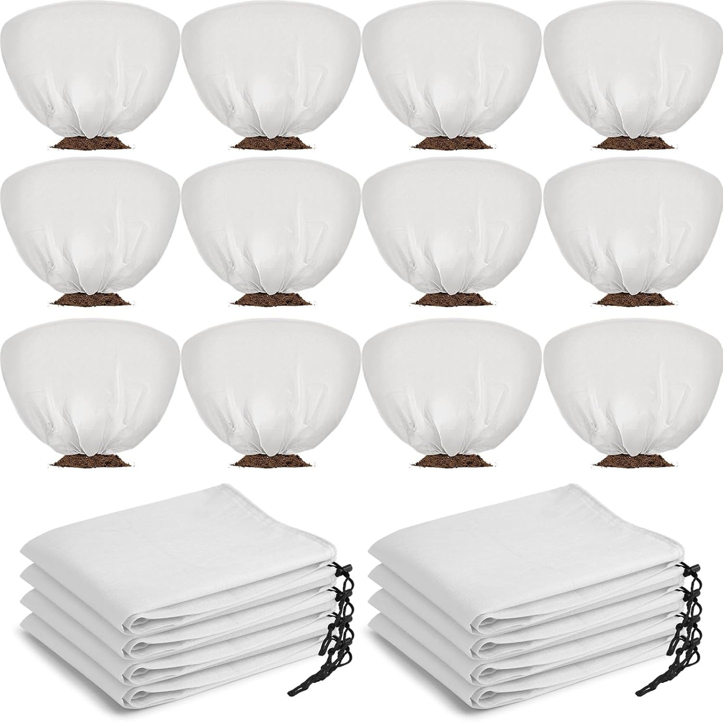 12 Pcs Winter Plant Covers Freeze Protection 39.4x23.6 Inch Horizontal Shrub Tree Rose Plant Protection Bags Frost Blanket with Drawstring for Fall Winter Outdoor Garden Planting (White)