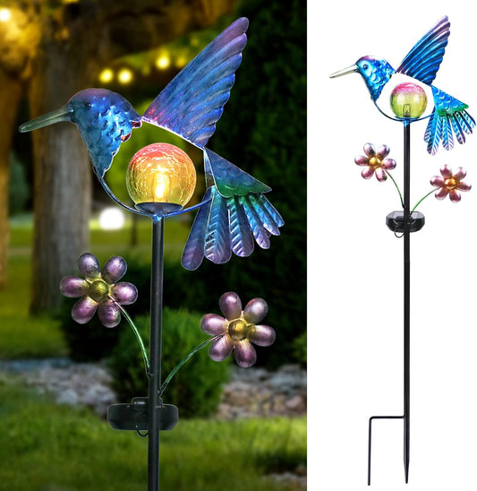 Afirst Solar Garden Stake Lights - Outdoor Waterproof Decorative Solar Hummingbird LED Warm Crackled Glass Globe Lights for Walkway, Pathway, Yard, Lawn