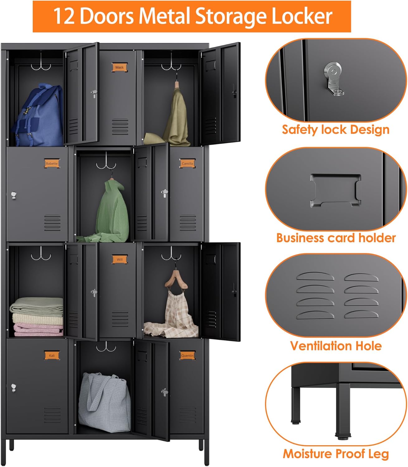 Aobabo 12 Doors Metal Storage Locker for Employees, Storage Locker with Name Card Slot for Garage School Office Gym, Black, Assembly Required