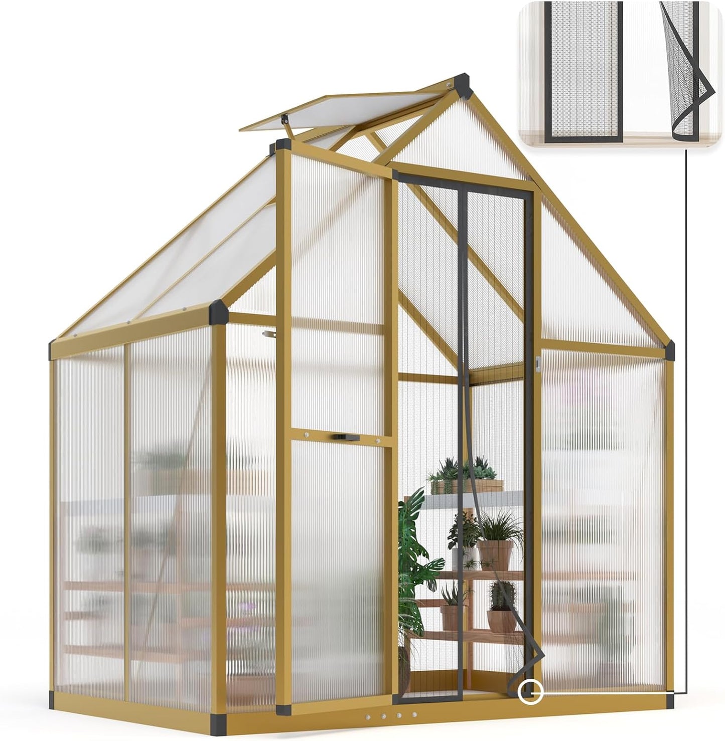 KING BIRD Greenhouse for Outdoors, 4x6 FT Polycarbonate Walk-in Green House, Quick-Setup Aluminum Frame UV Resistant Panel for Outside Garden Backyard W/ Lockable Screen Door, Vent, Wood-Like