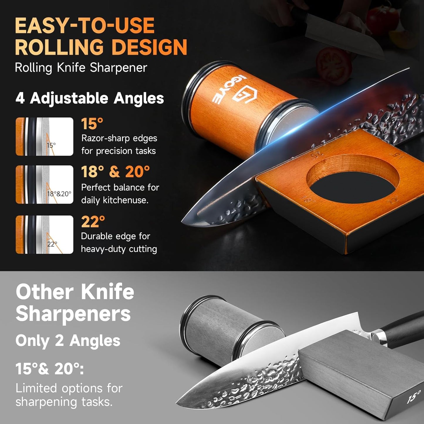 Rolling Knife Sharpener Tool Kit, Multi-Angle Diamond Roller Knife Sharpener for Kitchen Knives, Four Angles Offers 15&18& 20&22 Degree Sharpening, 4 Angle, Kitchen Gadgets & Gift