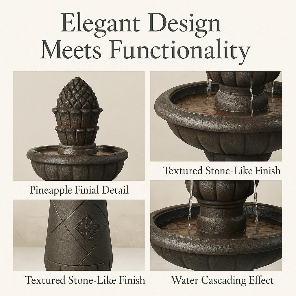 Teamson Home 39" Outdoor Water Fountain, 2 Tier Pineapple Pedestal Waterfall Fountain with Pump, Garden Patio Yard Décor, Durable Polyresin, Weatherproof, Iron Gray