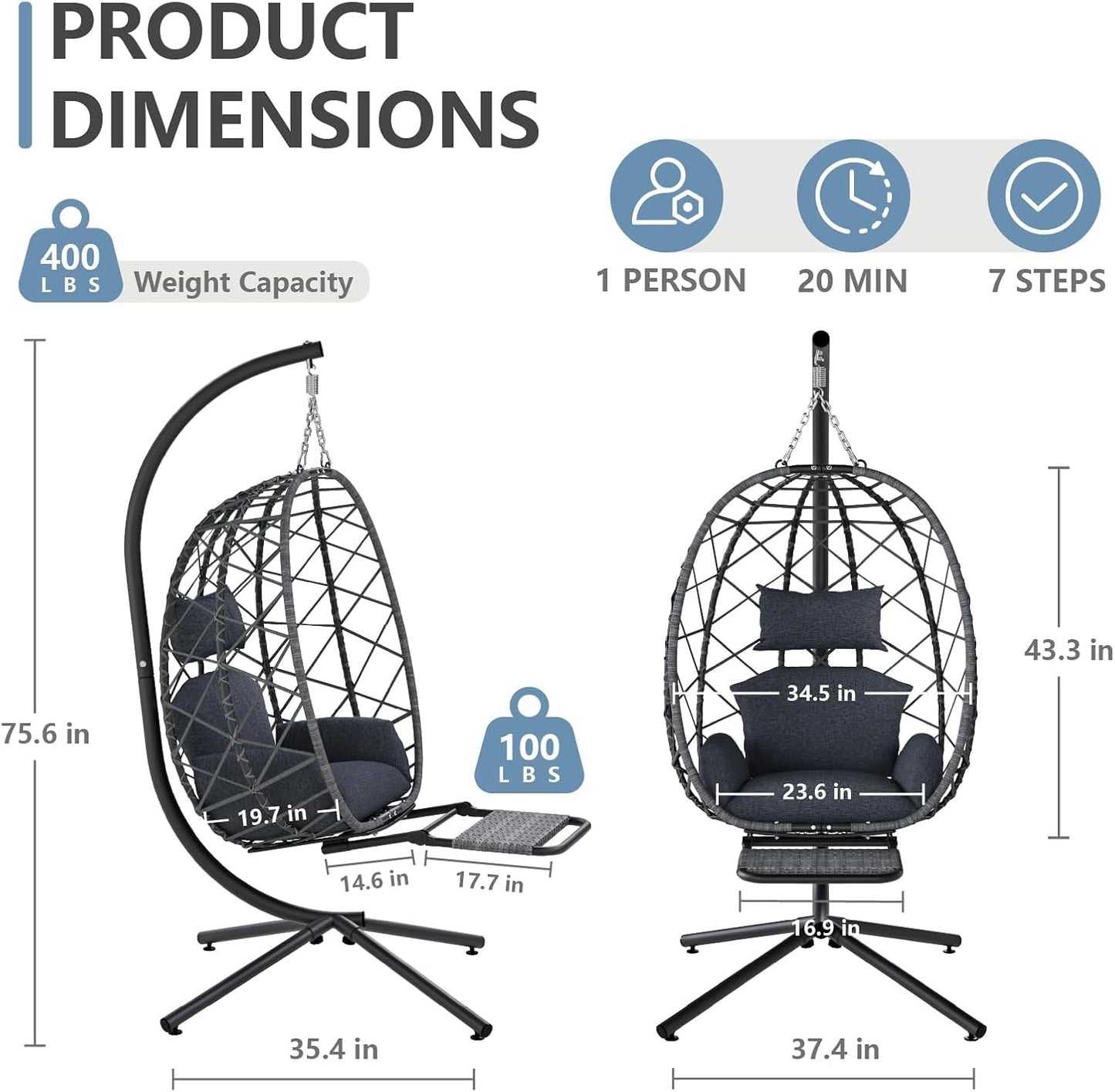 SWITTE Hanging Egg Chair with Stand, Outdoor Swing Egg Chair with Footrest, Patio Hammock Chair with Cushion for Garden Backyard-Dark Grey