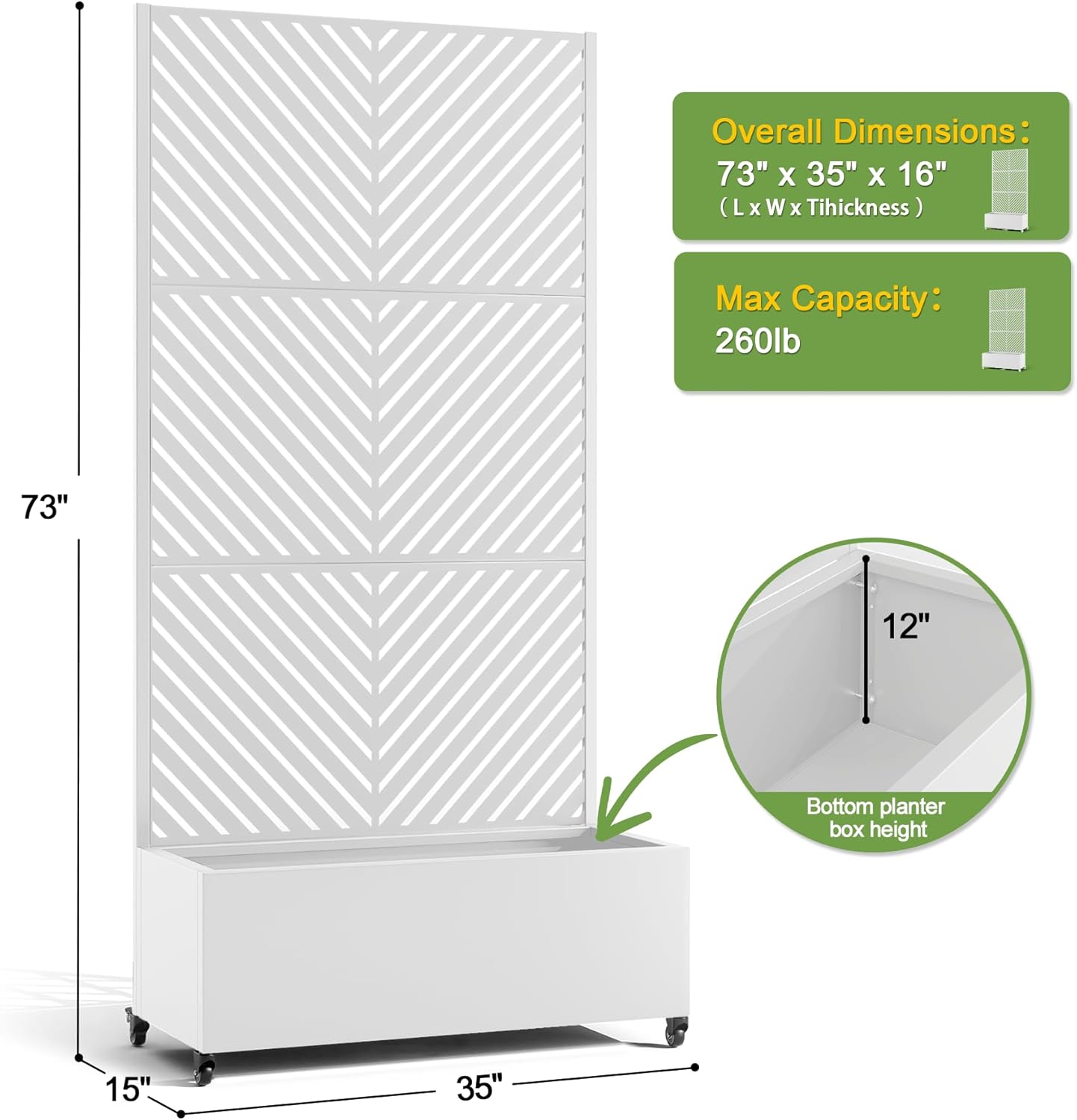 FENCY Metal Raised Garden Bed with Wheels and Trellis,73"x35"x16" Planter Box for Climbing Plants, Vegetables & Vines, Features Privacy Screen and Drainage Holes (White-Arrow)