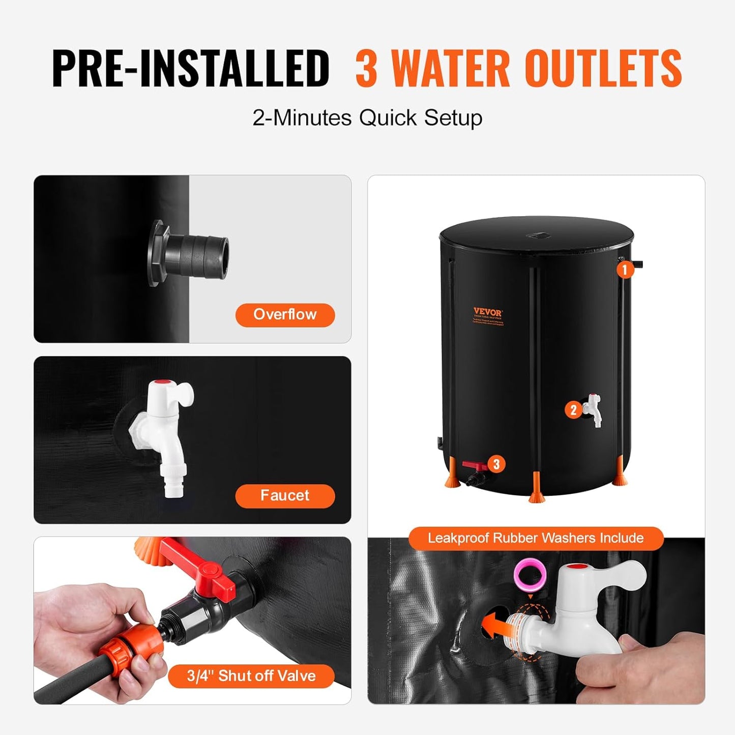 VEVOR Collapsible Rain Barrel, 100 Gallon/380 L Portable Water Tank, PVC Rainwater Collection Barrel with Spigots and Overflow Kit, Water Barrel for Garden Water Catcher