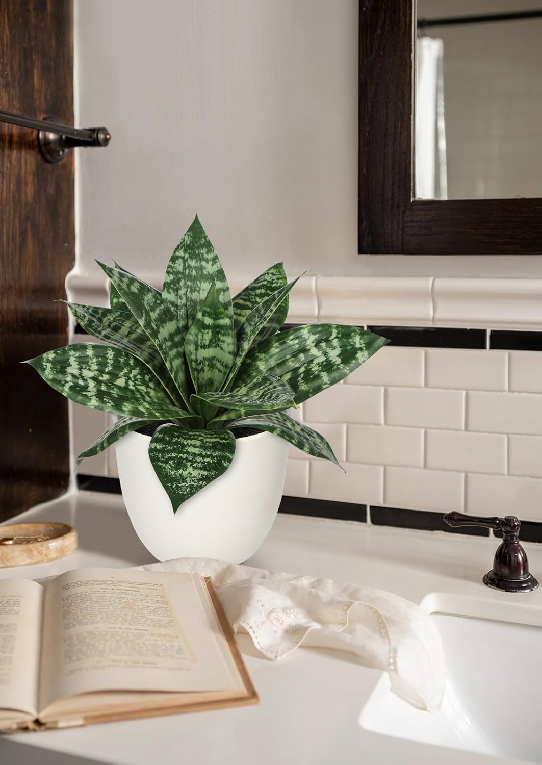 Hollyone Artificial Snake Plants 9" Faux Agave Succulent Plant Potted in White Pot Fake Sansevieria Aloe Tropical Plant for Desk Modern Office Home Bathroom Indoor Outdoor Decor