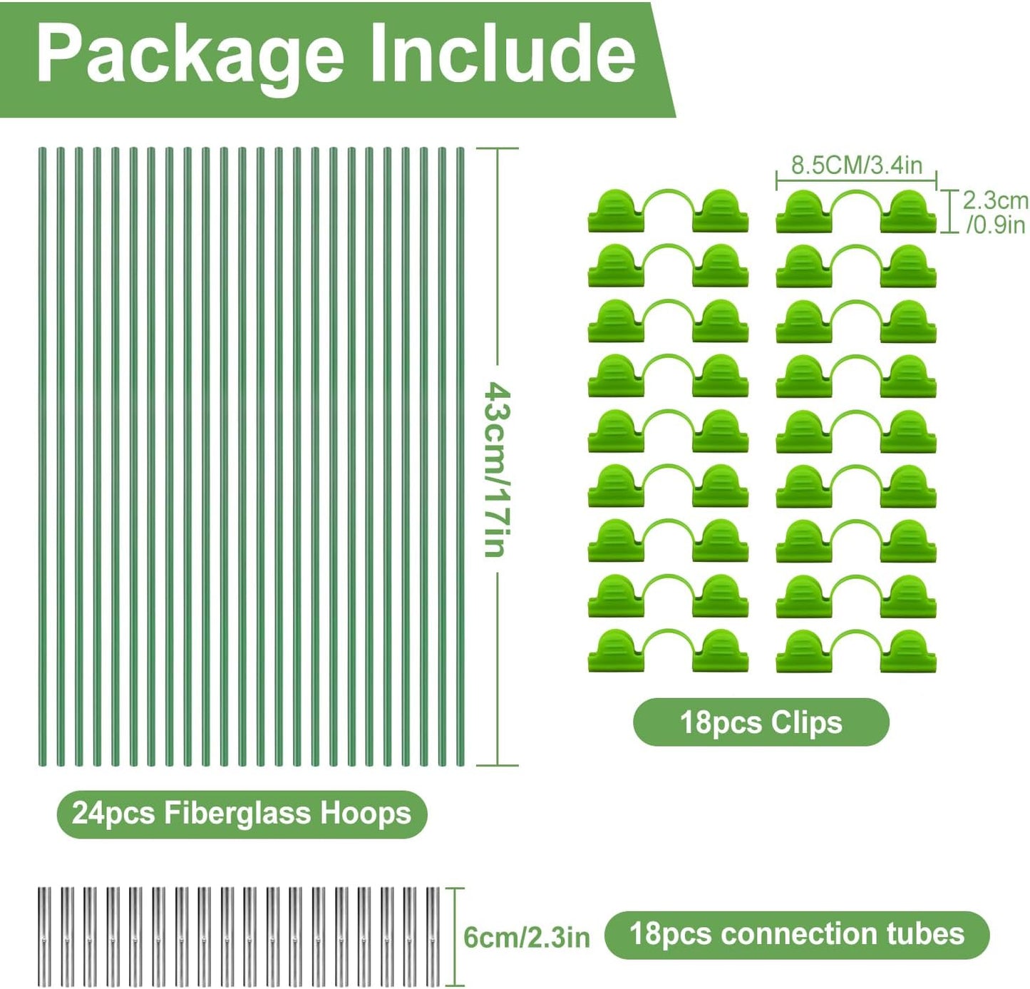 Garden Hoops 6 Set 7ft Grow Tunnel, 24pcs Greenhouse Support Hoops Rust-Free Frame for Garden Netting Raised Beds Row Cover Fabric, DIY Fiberglass for 2 & 3Ft Wide, 18pcs Clips-4mm